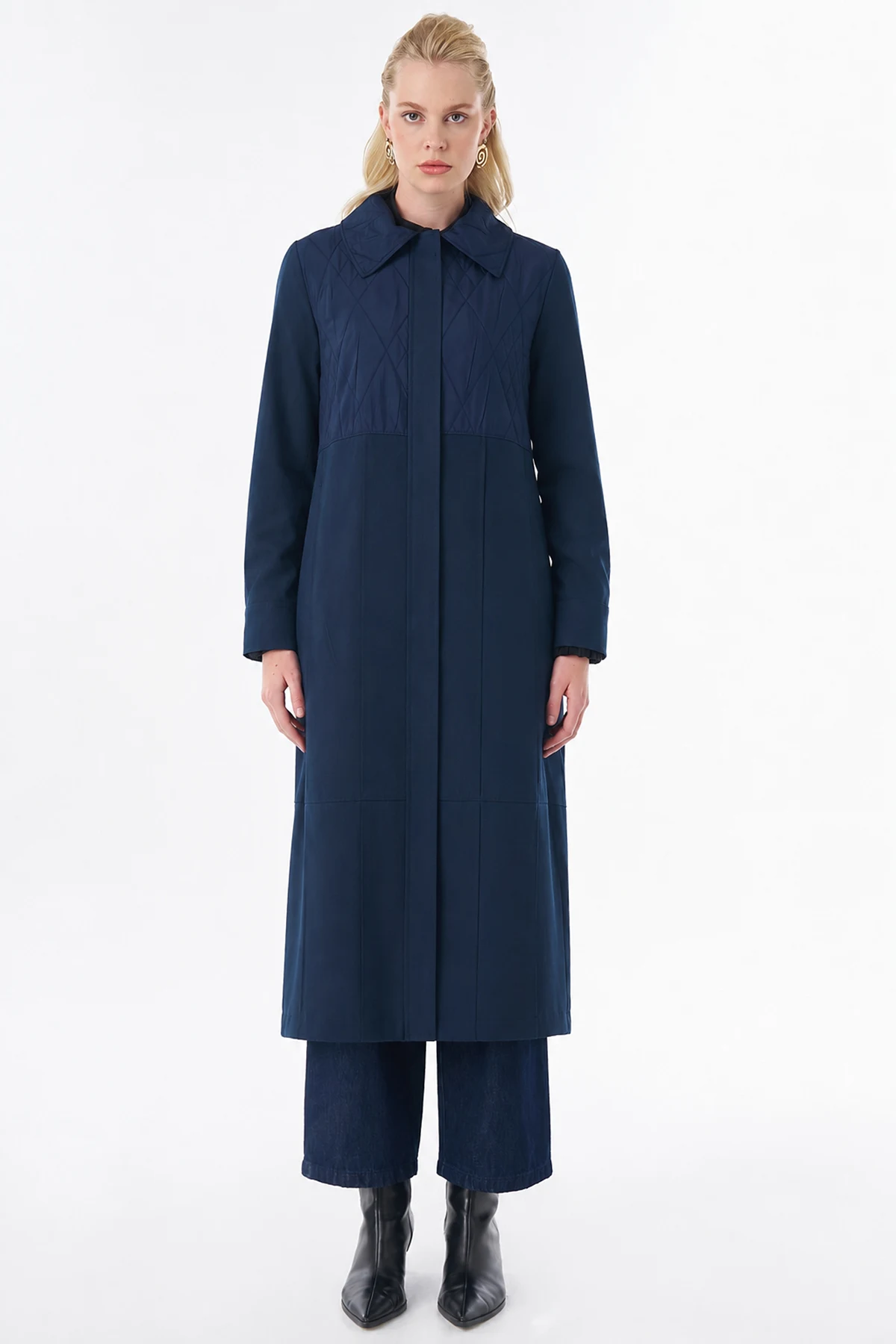 Quilted Detail Longline Jacket Navy