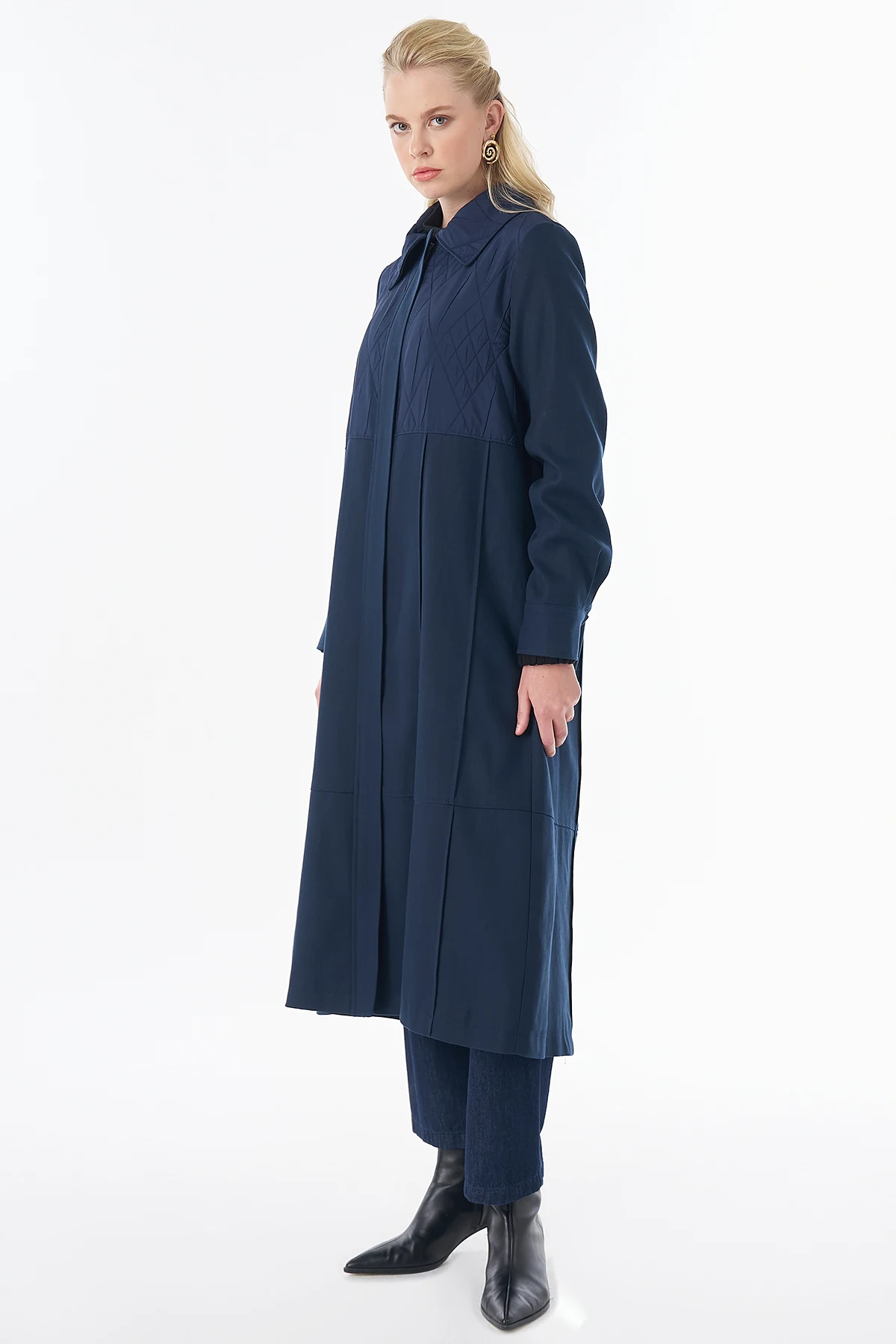 Quilted Detail Longline Jacket Navy