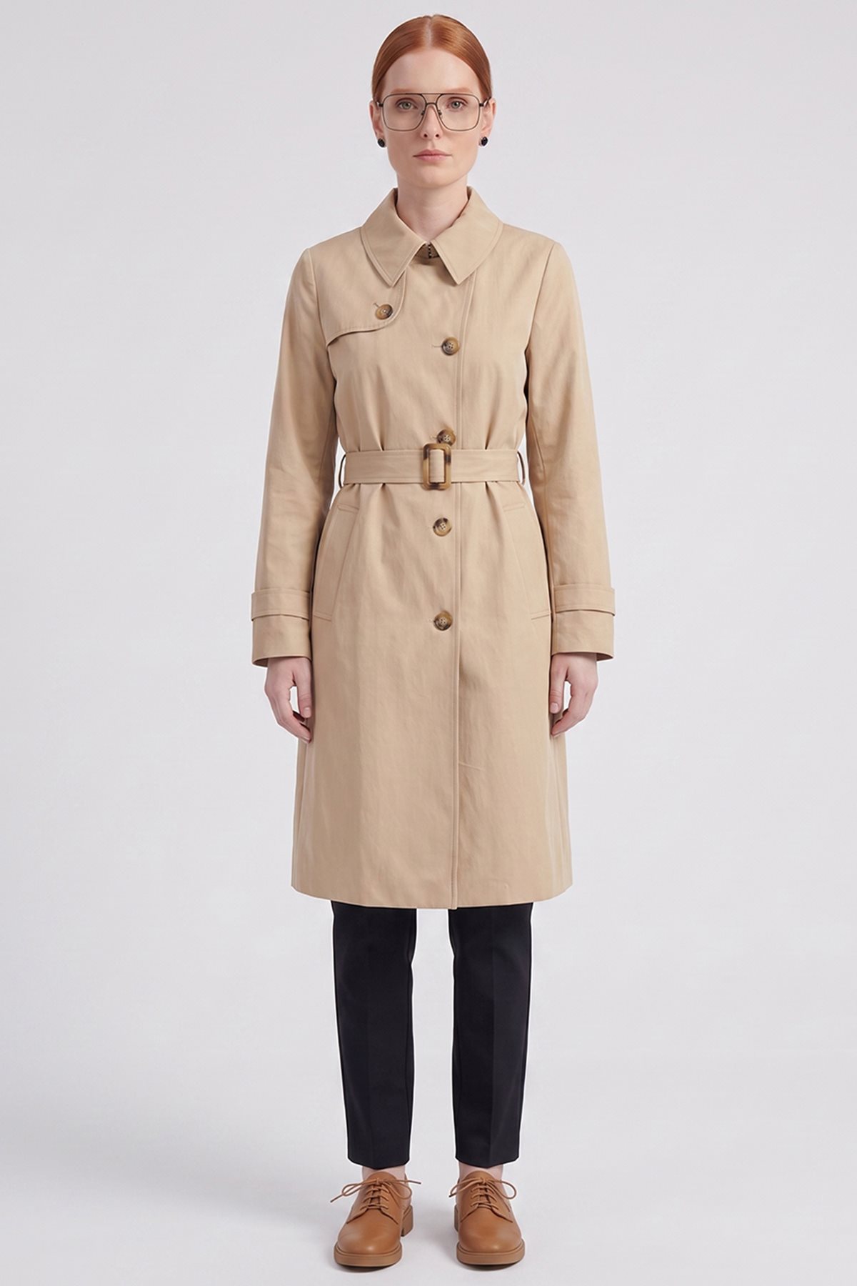 Convertible Collar Double-Breasted Trench Coat Light Beige