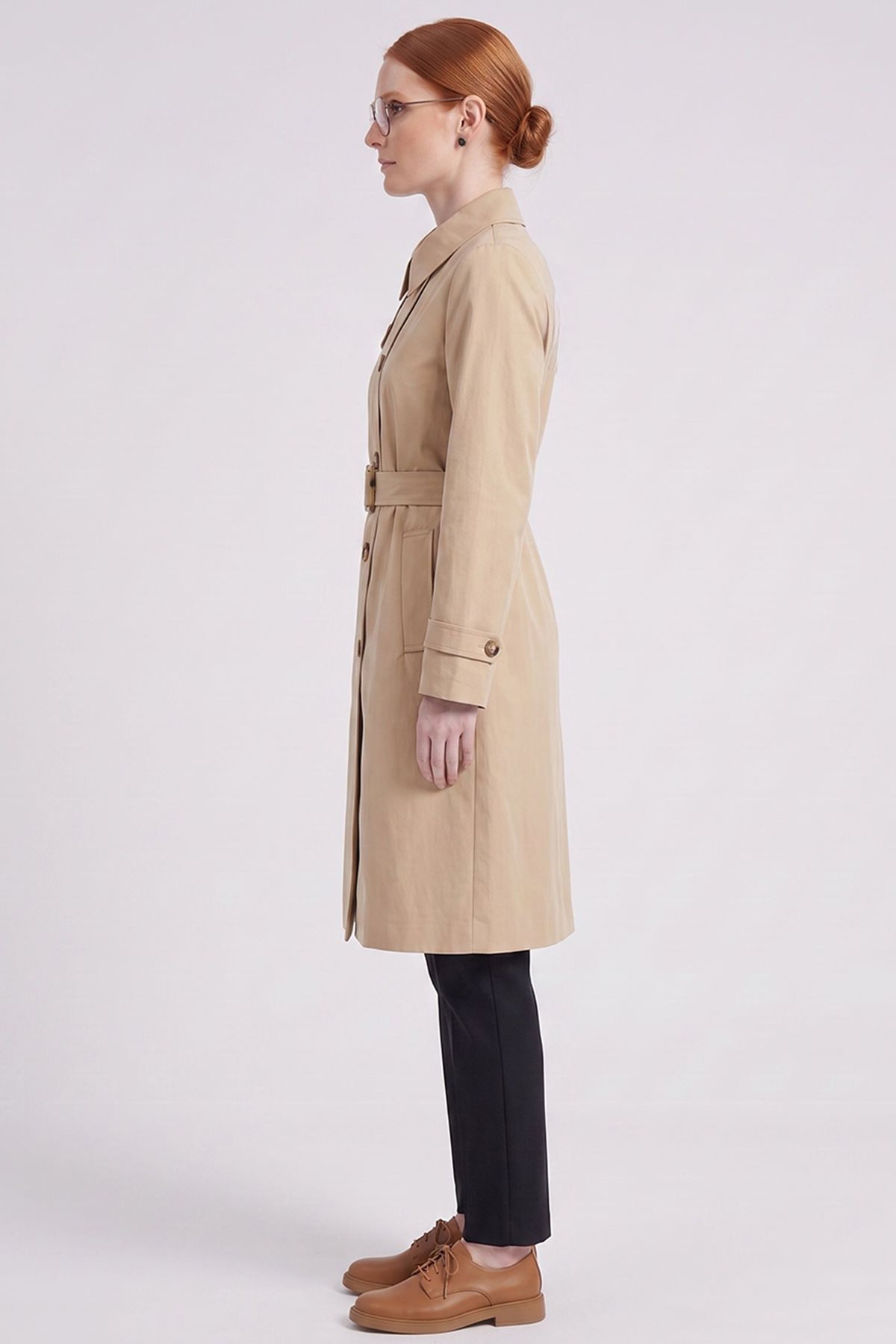 Convertible Collar Double-Breasted Trench Coat Light Beige