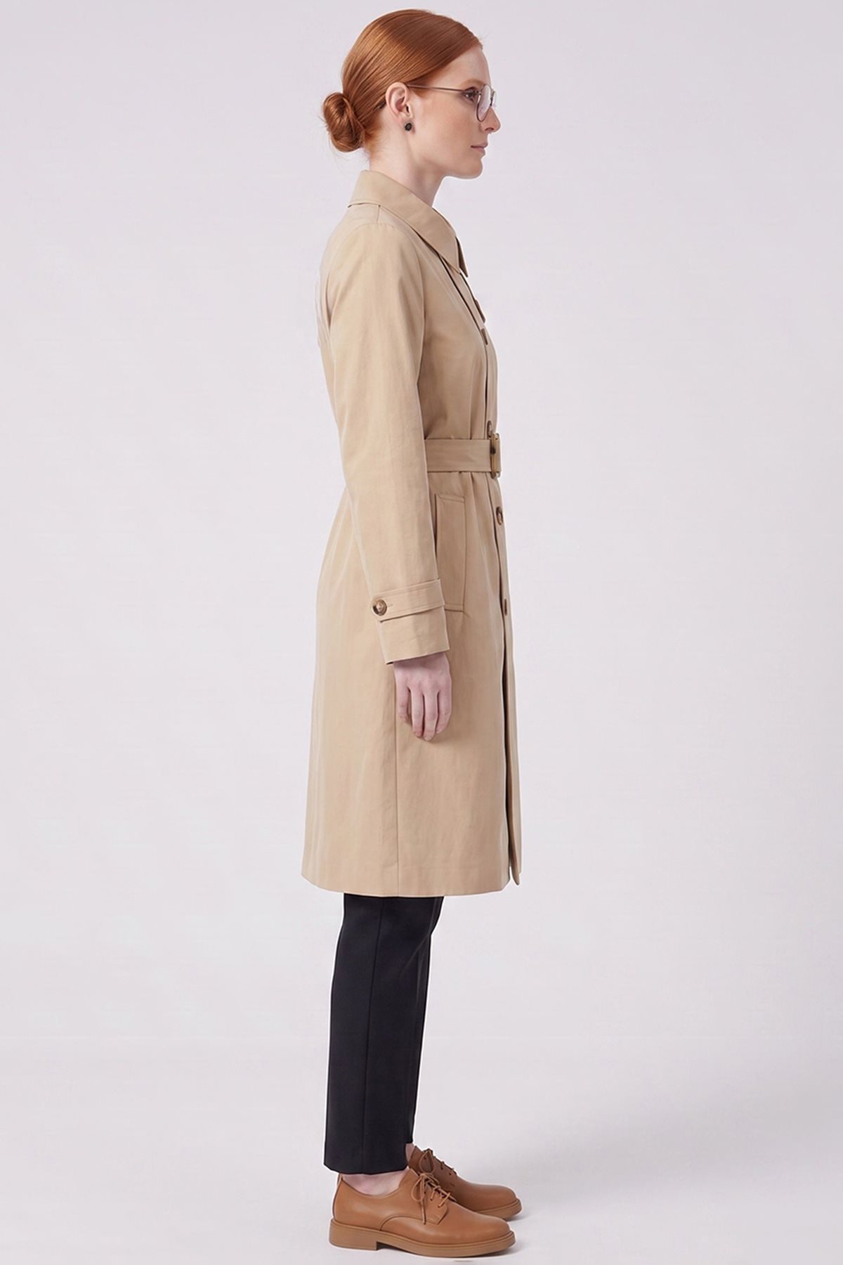 Convertible Collar Double-Breasted Trench Coat Light Beige