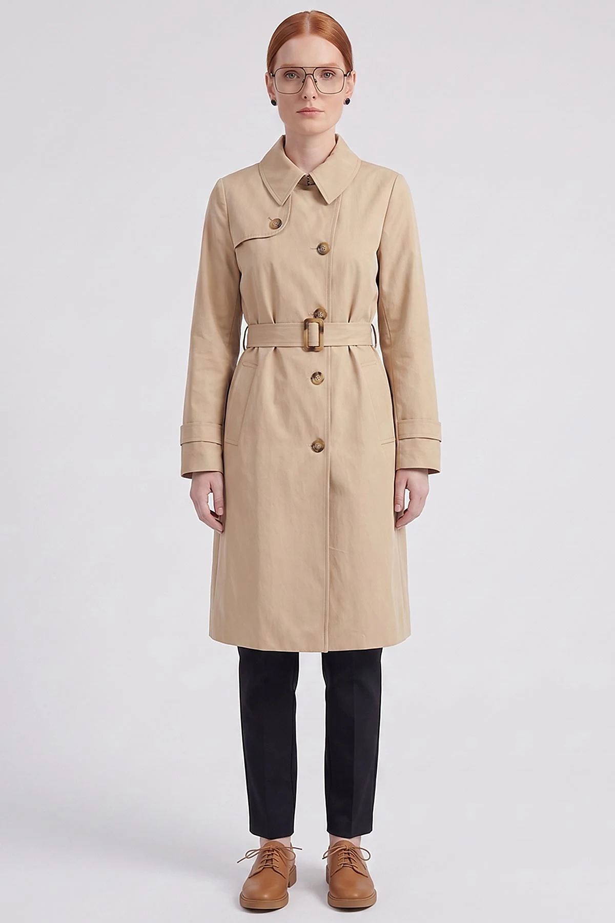 Convertible Collar Double-Breasted Trench Coat Beige