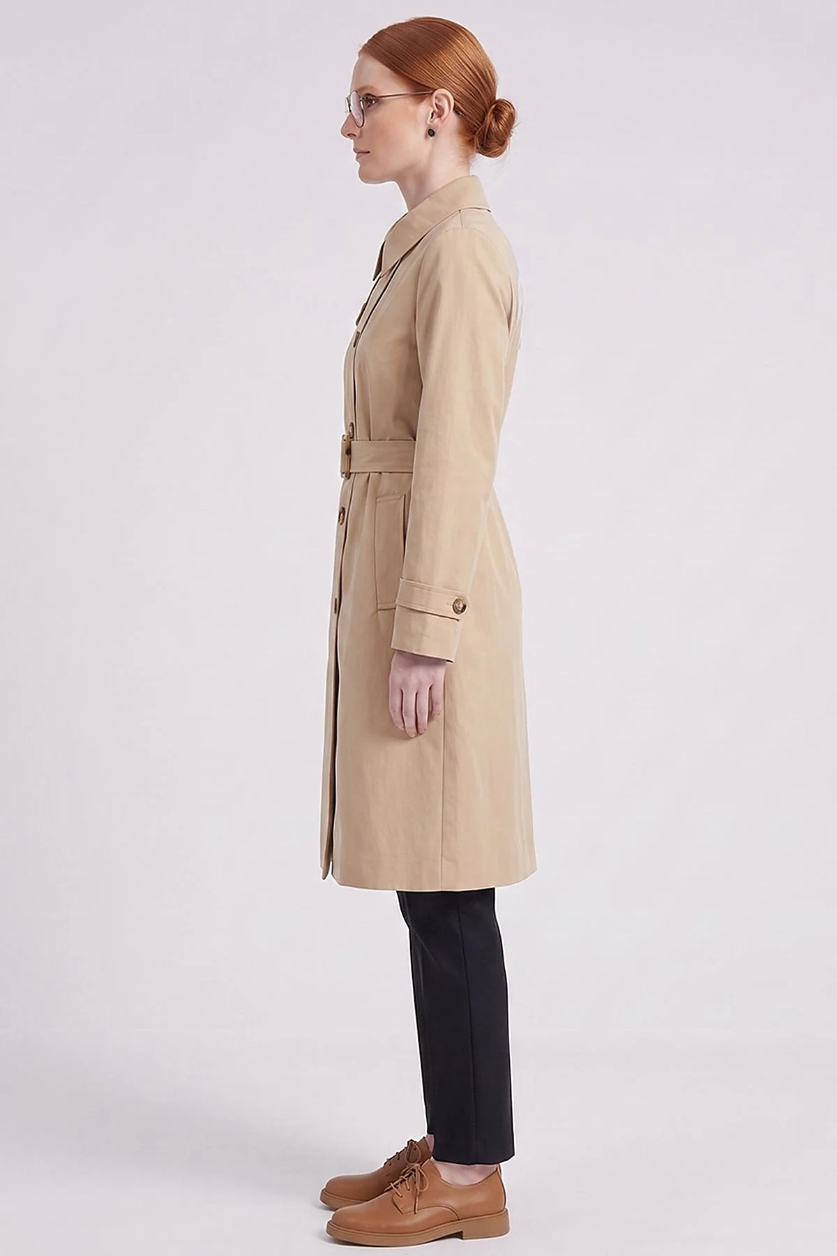 Convertible Collar Double-Breasted Trench Coat Beige