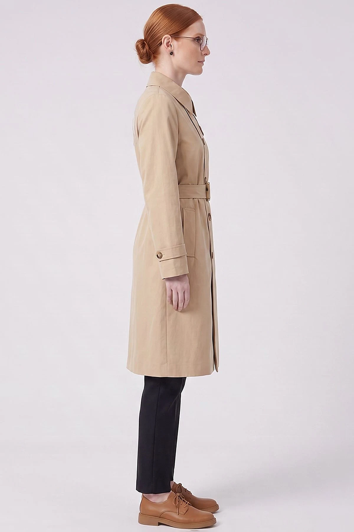 Convertible Collar Double-Breasted Trench Coat Beige