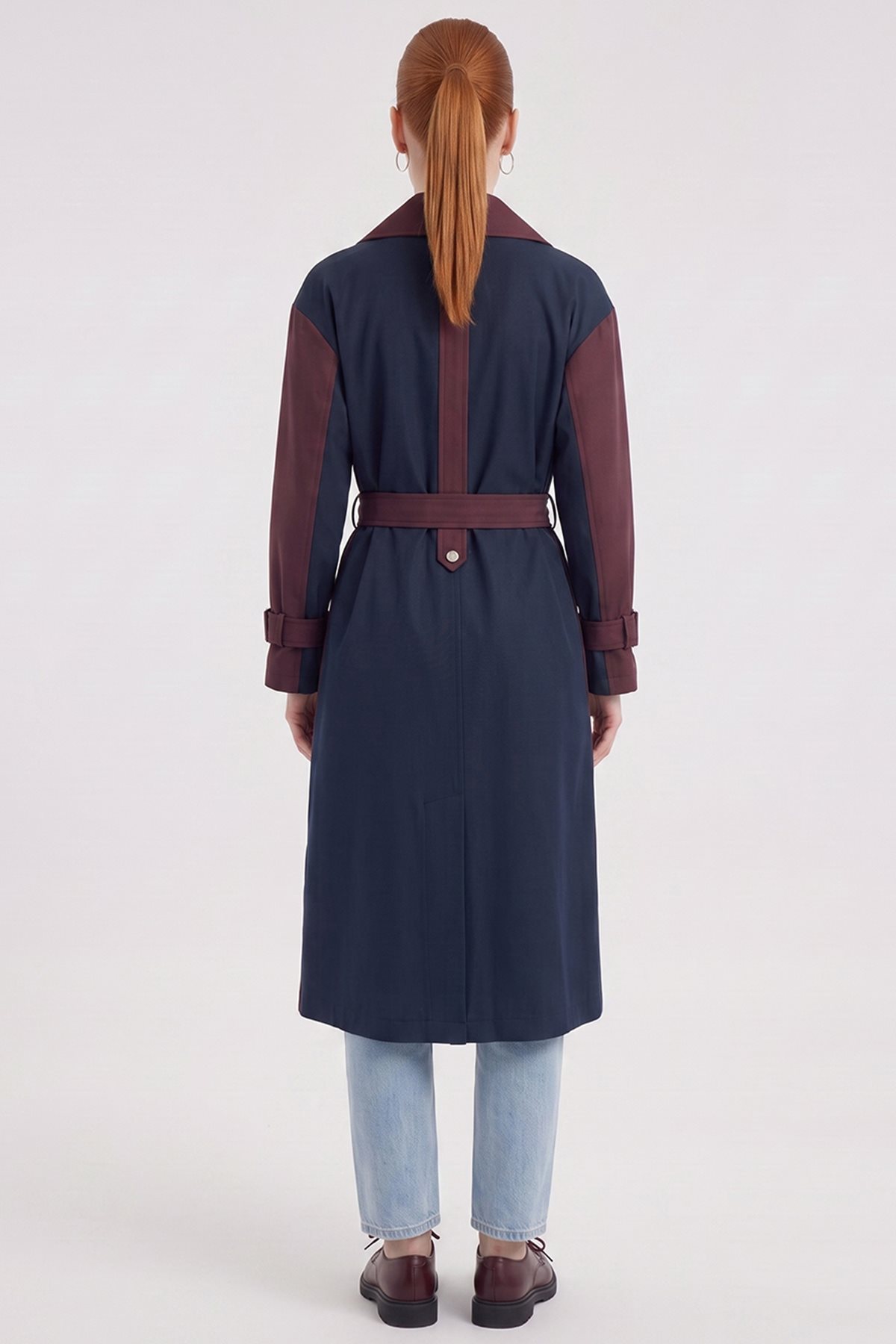 Contrast-Color Trench Coat Dark Burgundy–Dark Navy