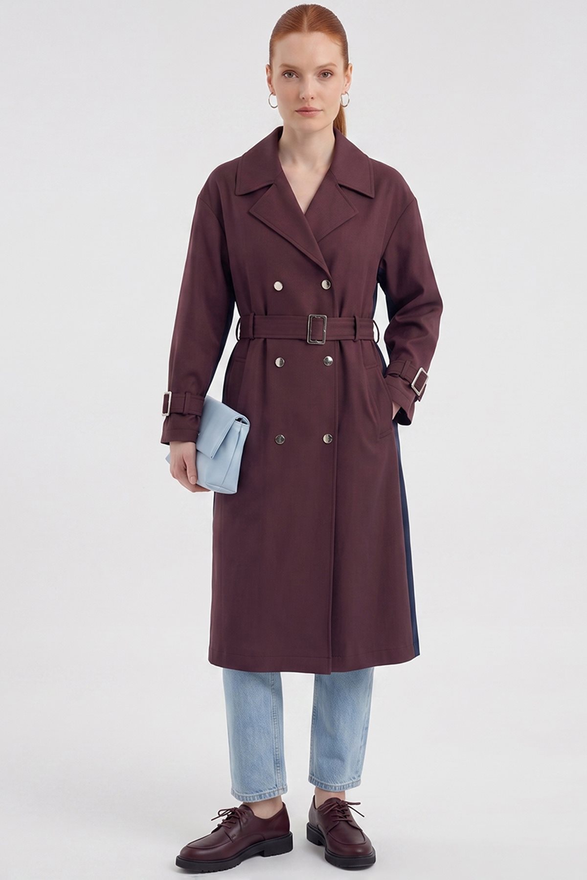 Contrast-Color Trench Coat Dark Burgundy–Dark Navy