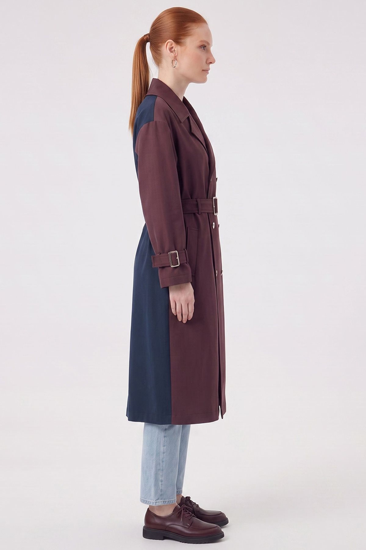 Contrast-Color Trench Coat Dark Burgundy–Dark Navy