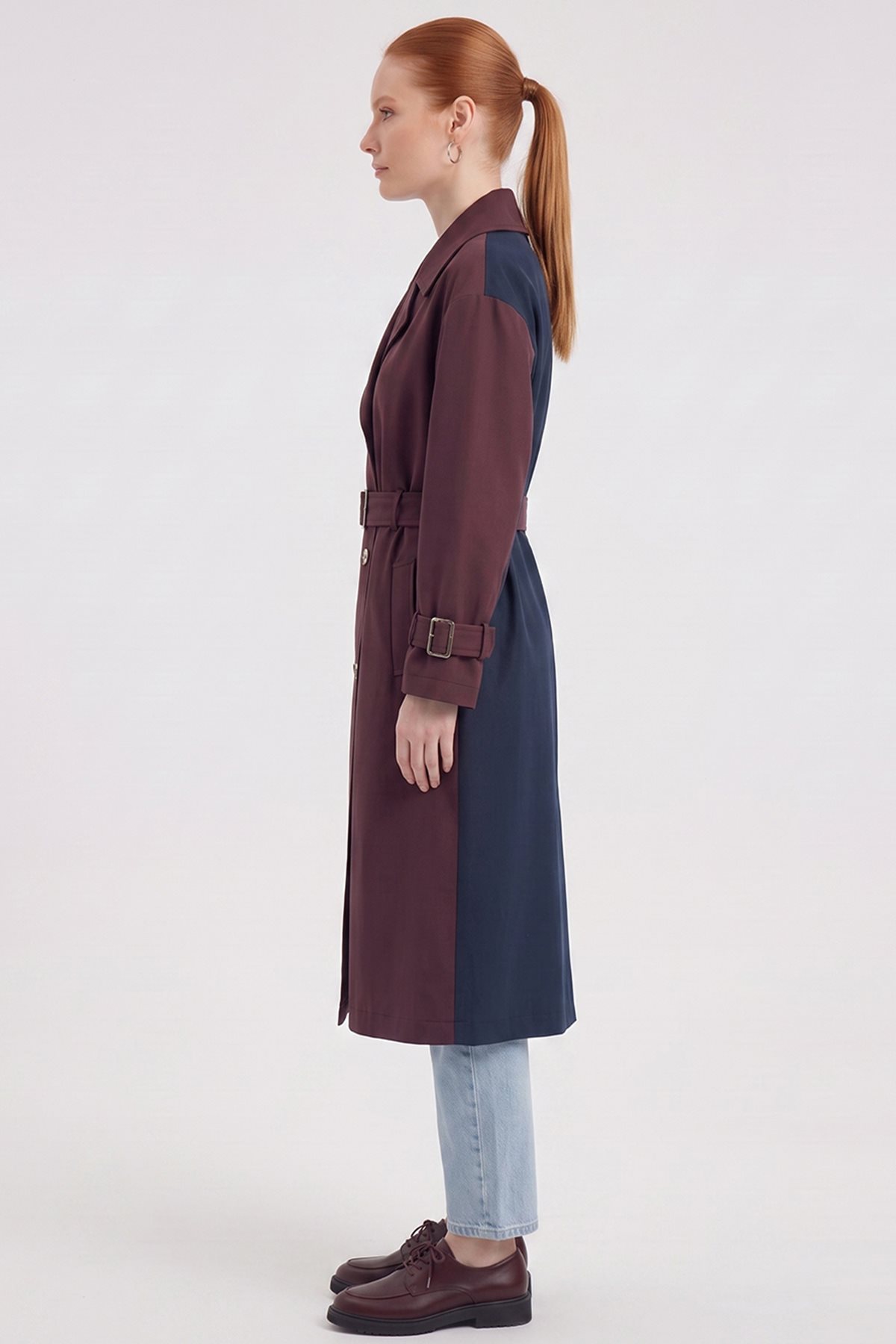 Contrast-Color Trench Coat Dark Burgundy–Dark Navy