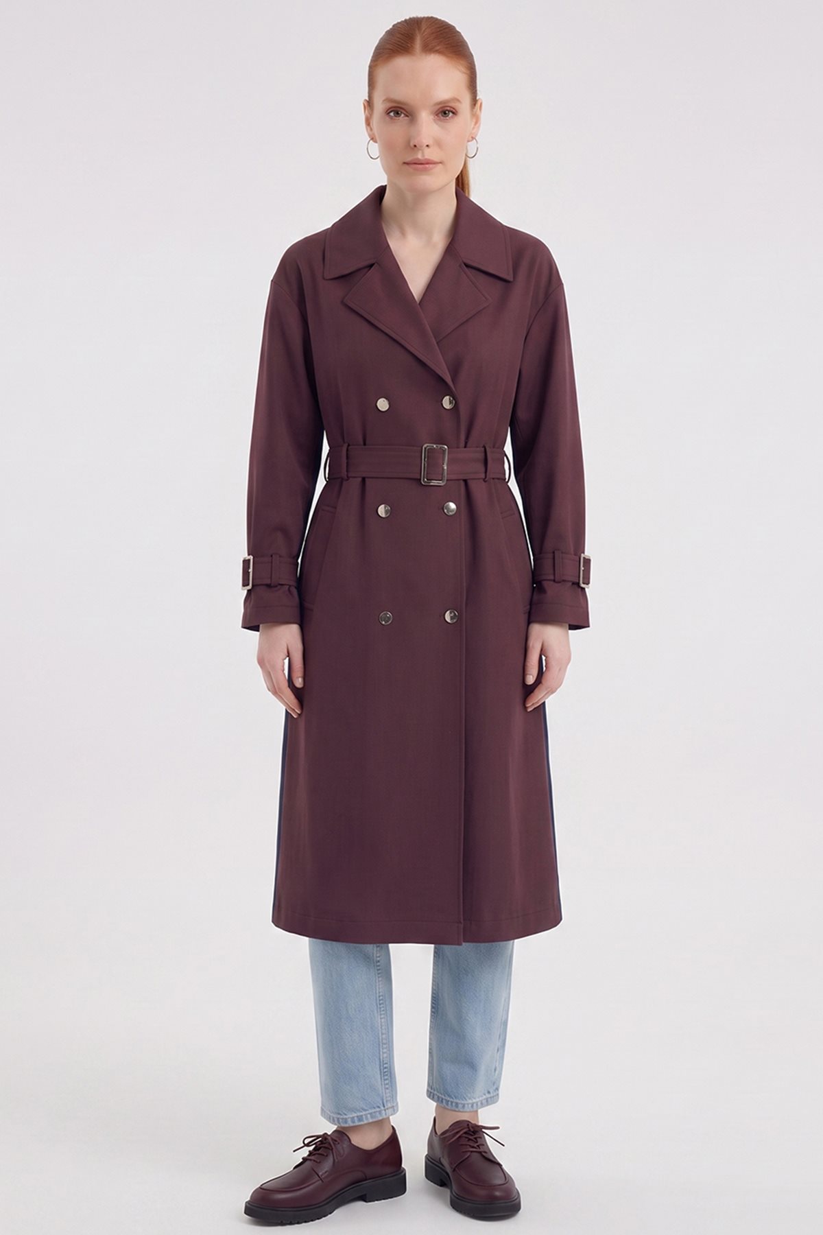 Contrast-Color Trench Coat Dark Burgundy–Dark Navy