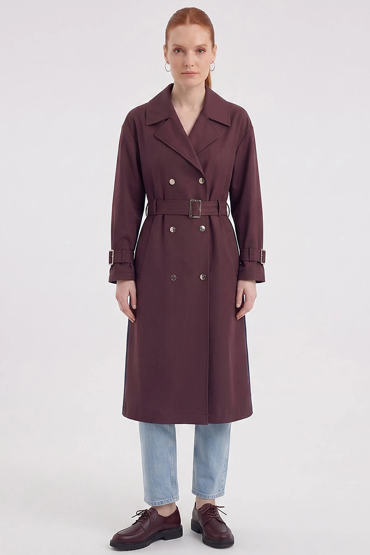 Contrast-Color Trench Coat Dark Burgundy–Dark Navy
