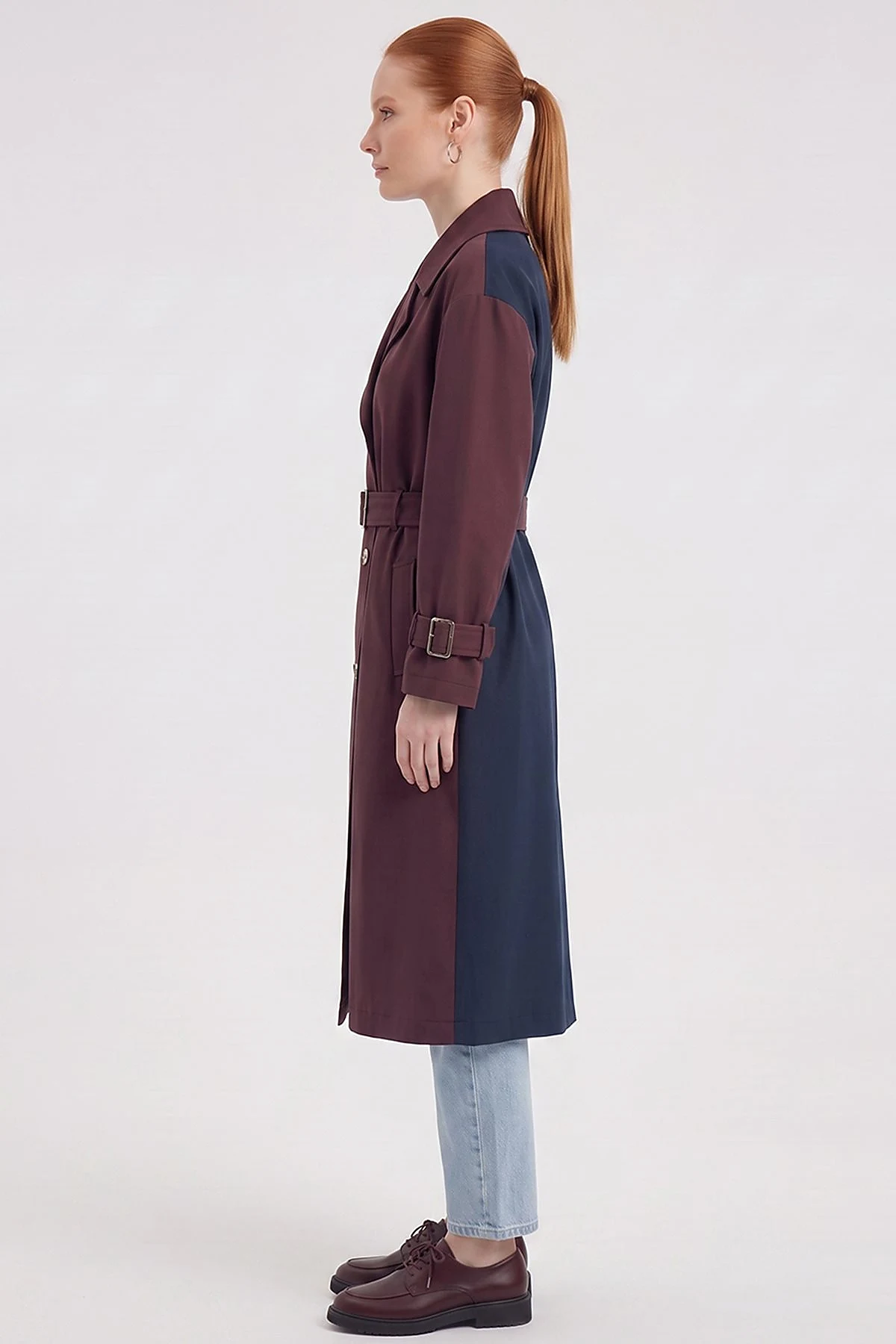 Contrast-Color Trench Coat Dark Burgundy–Dark Navy