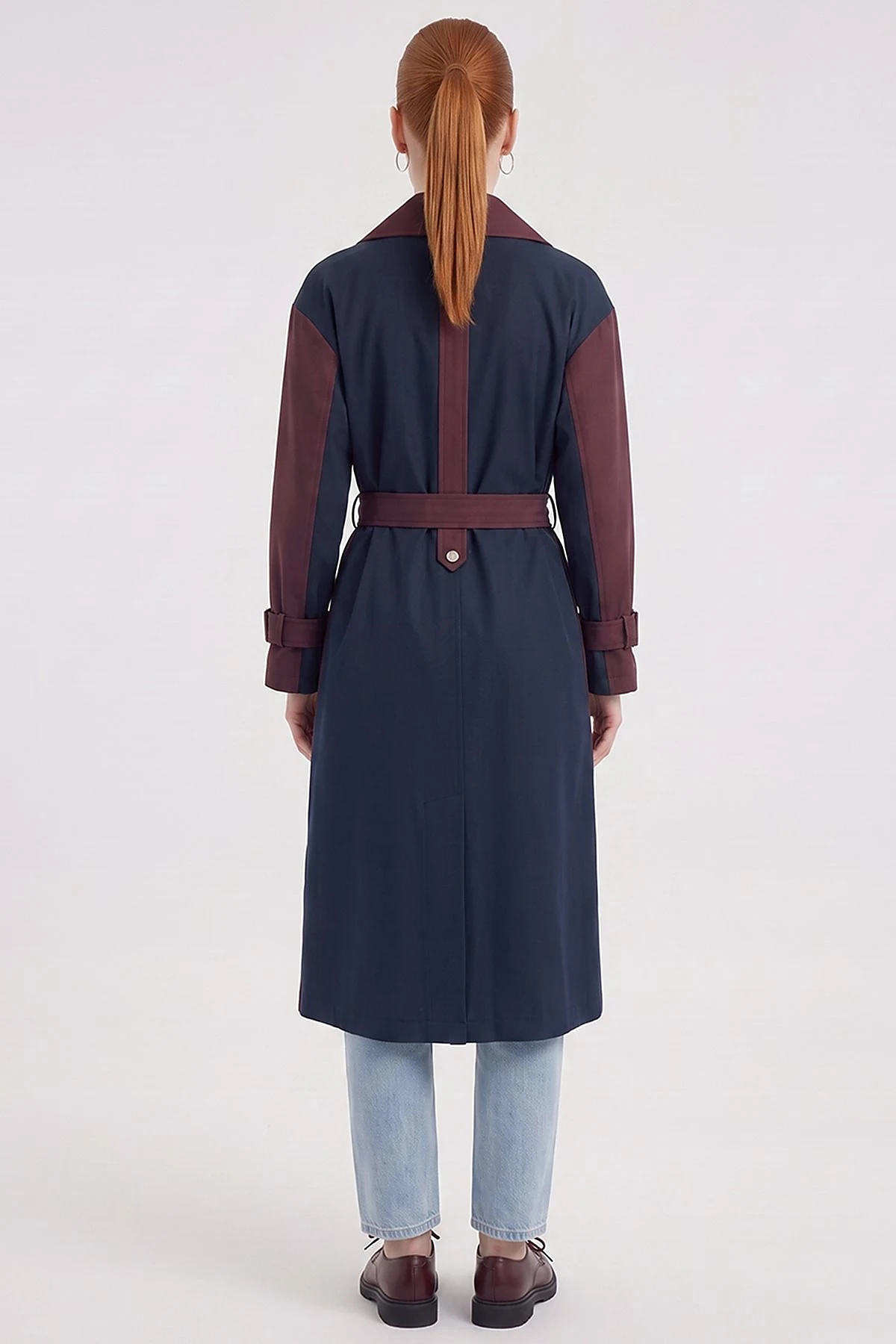 Contrast-Color Trench Coat Dark Burgundy–Dark Navy