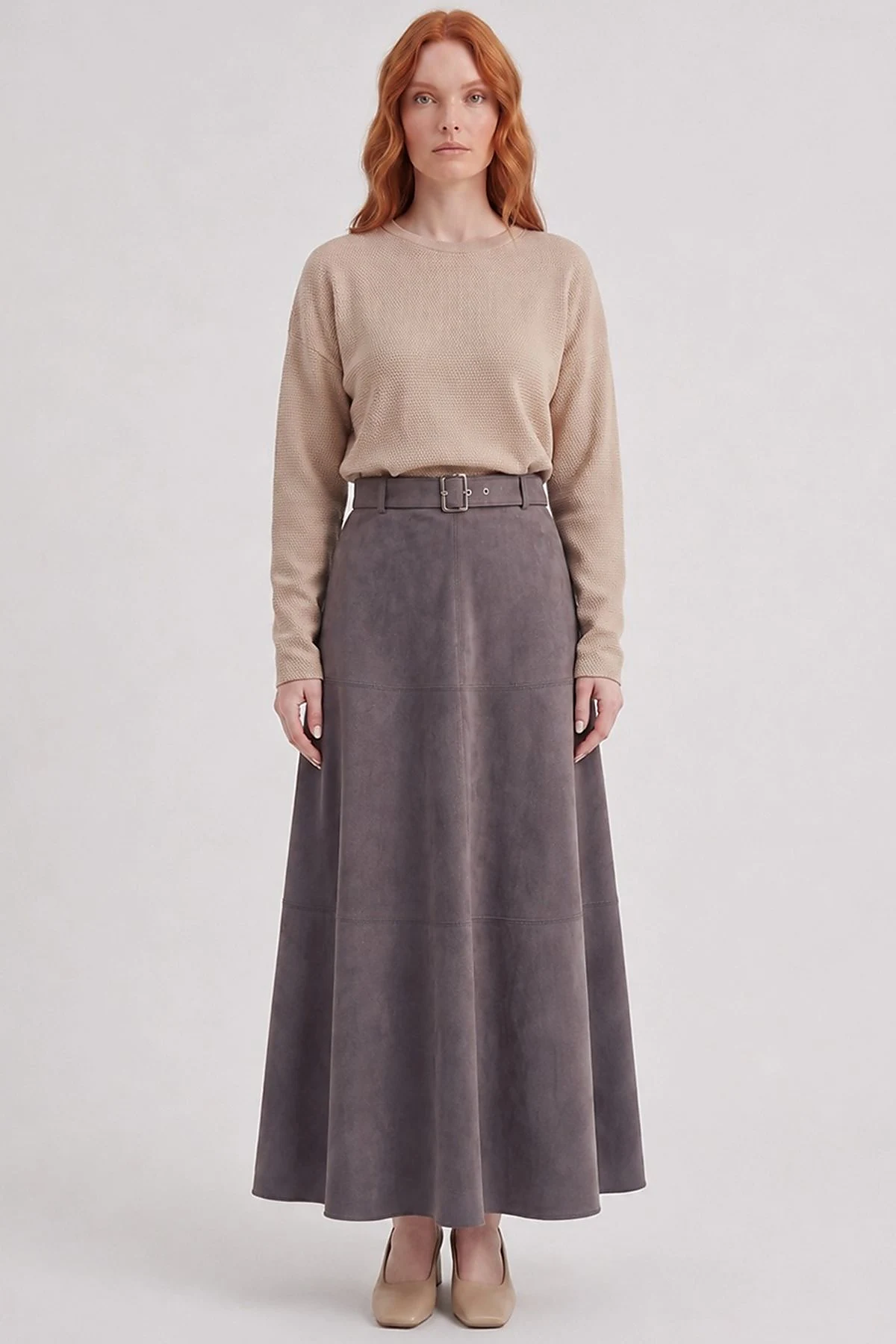Panel-Seamed Suede Skirt Charcoal