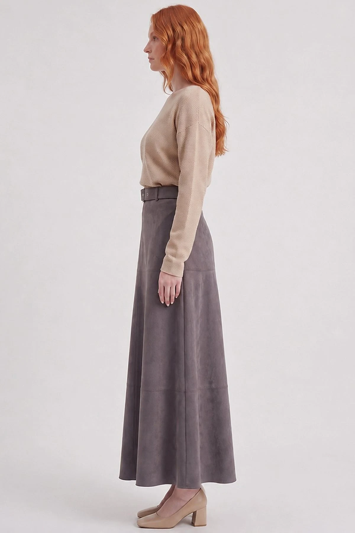 Panel-Seamed Suede Skirt Charcoal