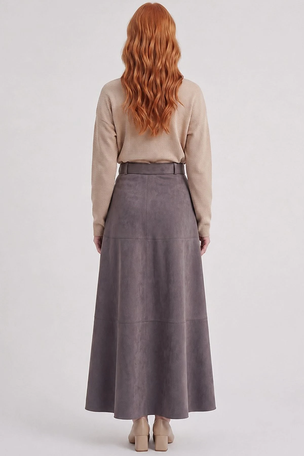 Panel-Seamed Suede Skirt Charcoal