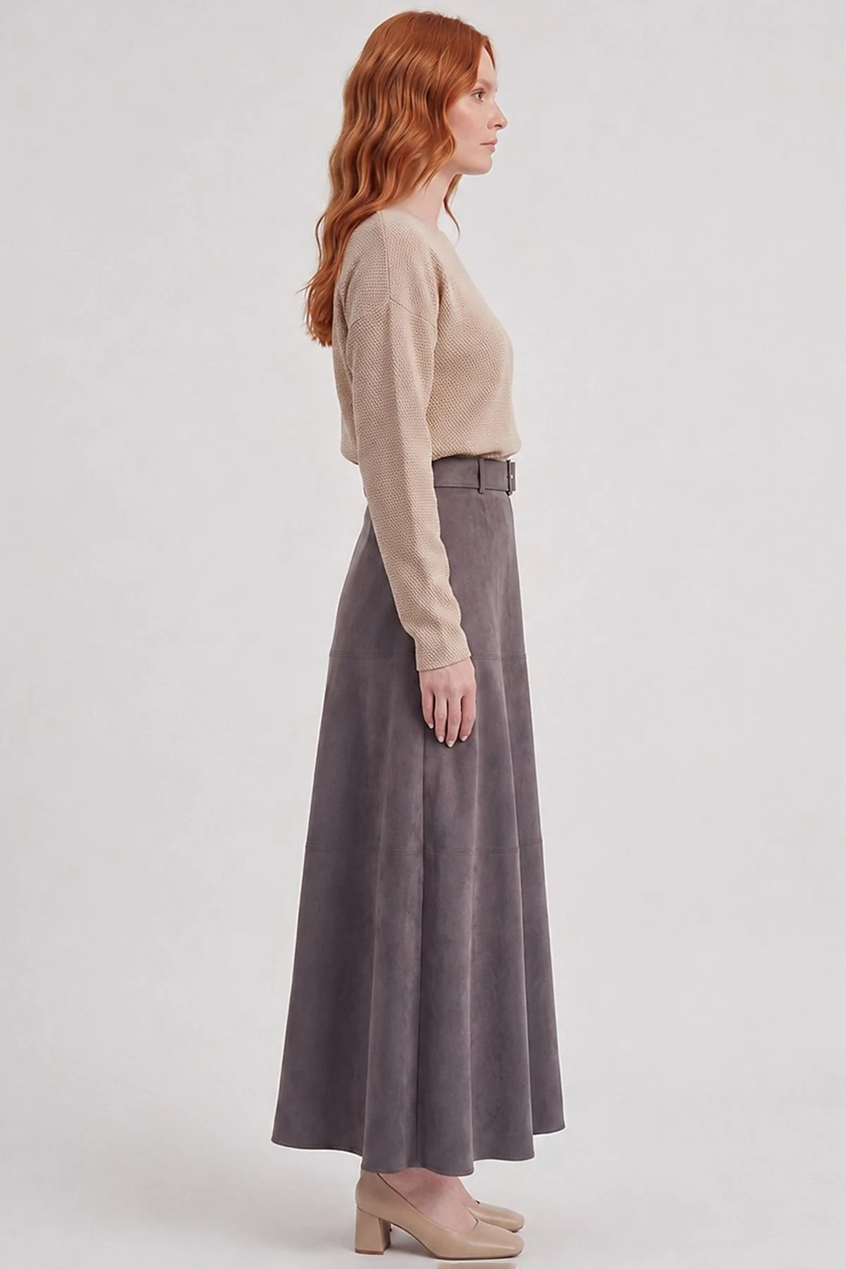 Panel-Seamed Suede Skirt Charcoal