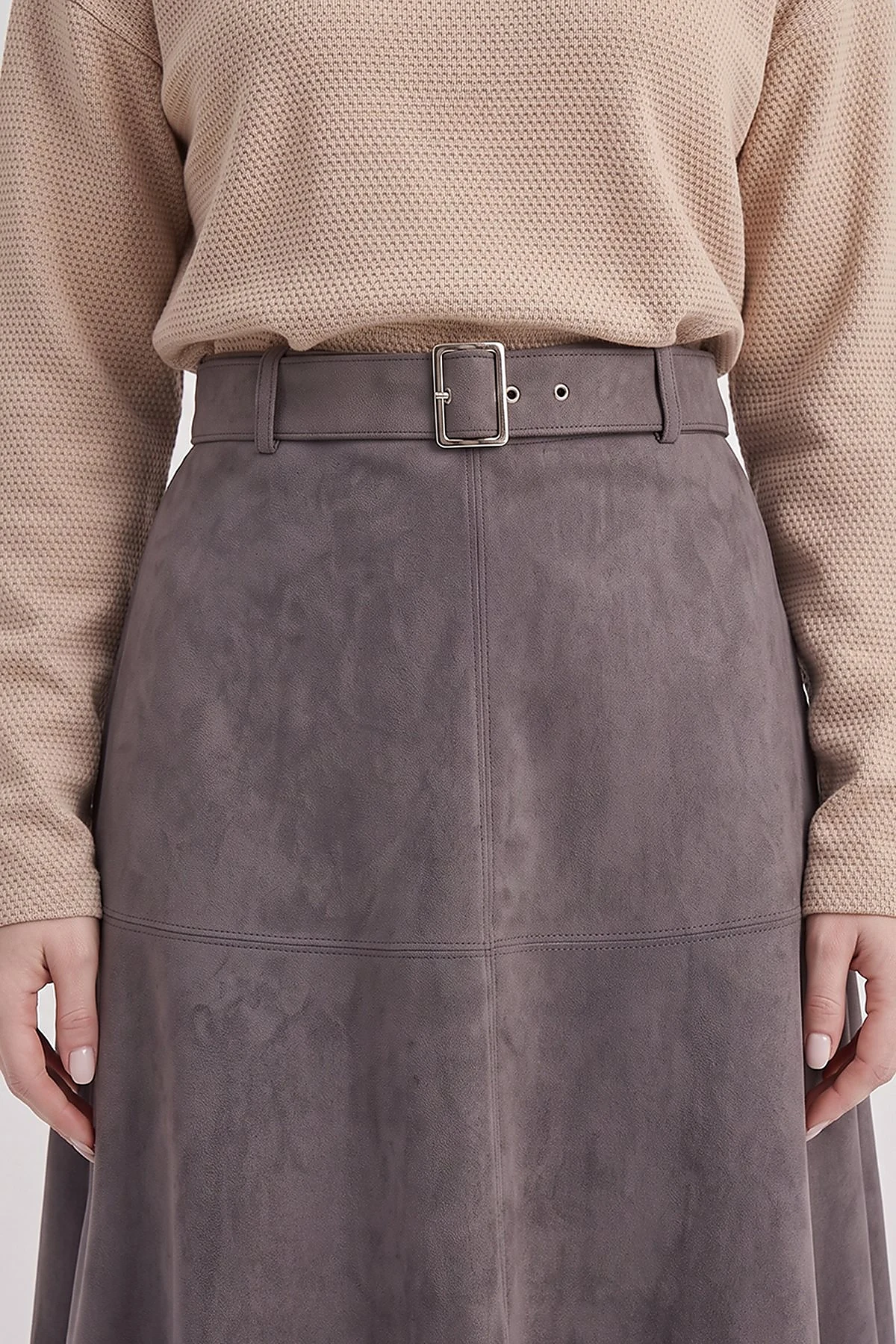 Panel-Seamed Suede Skirt Charcoal