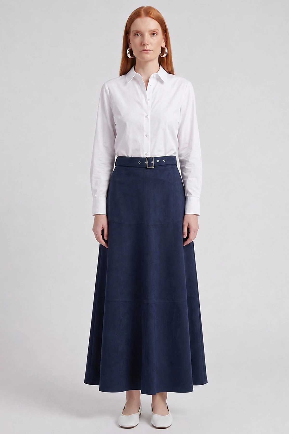 Panel-Seamed Suede Skirt Navy