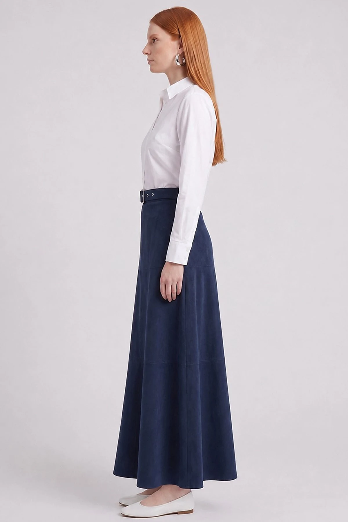 Panel-Seamed Suede Skirt Navy