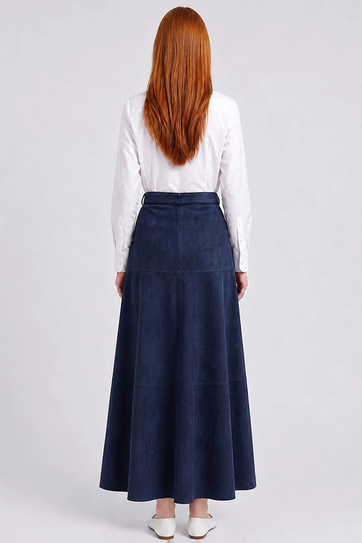 Panel-Seamed Suede Skirt Navy