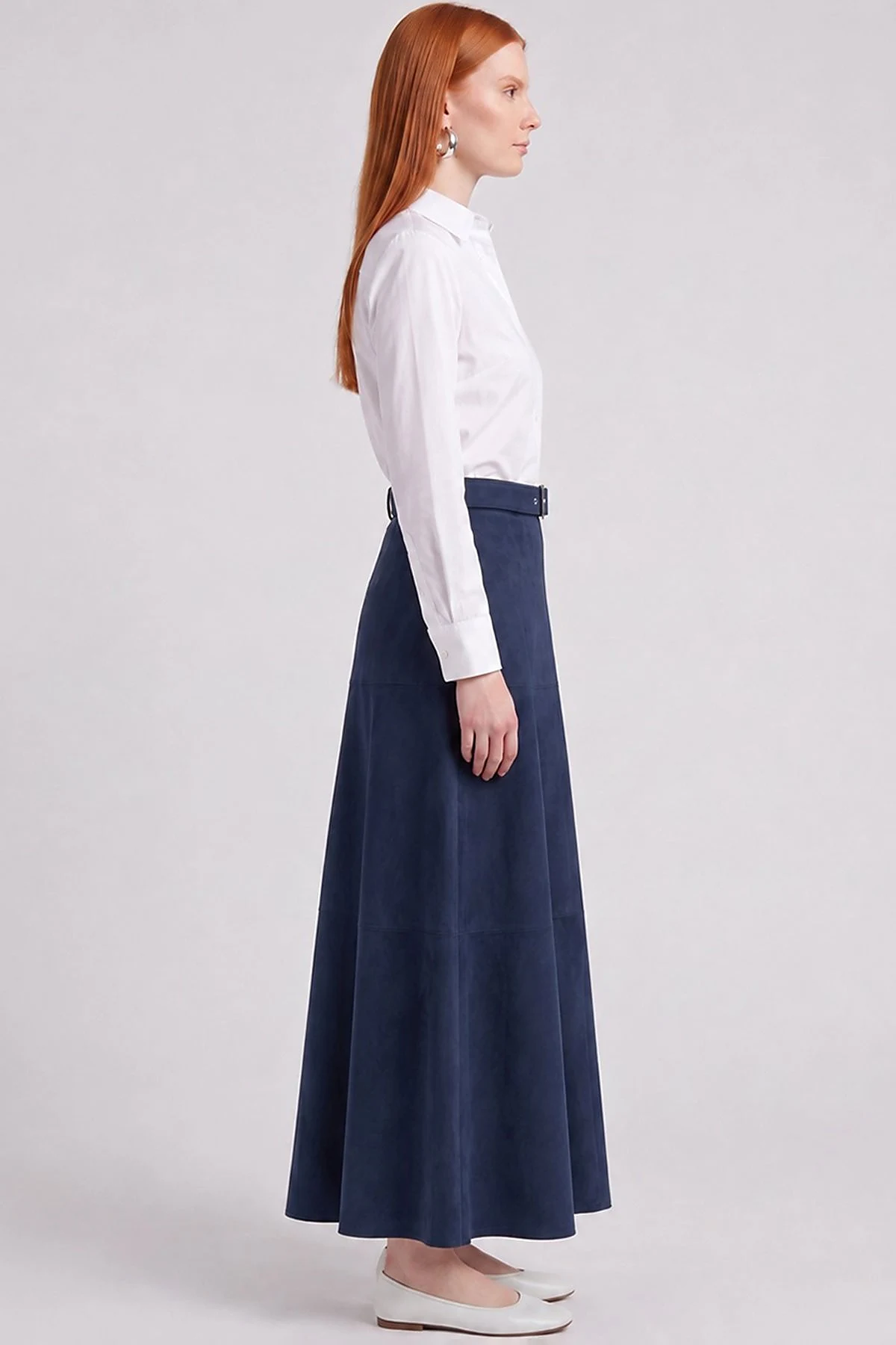 Panel-Seamed Suede Skirt Navy