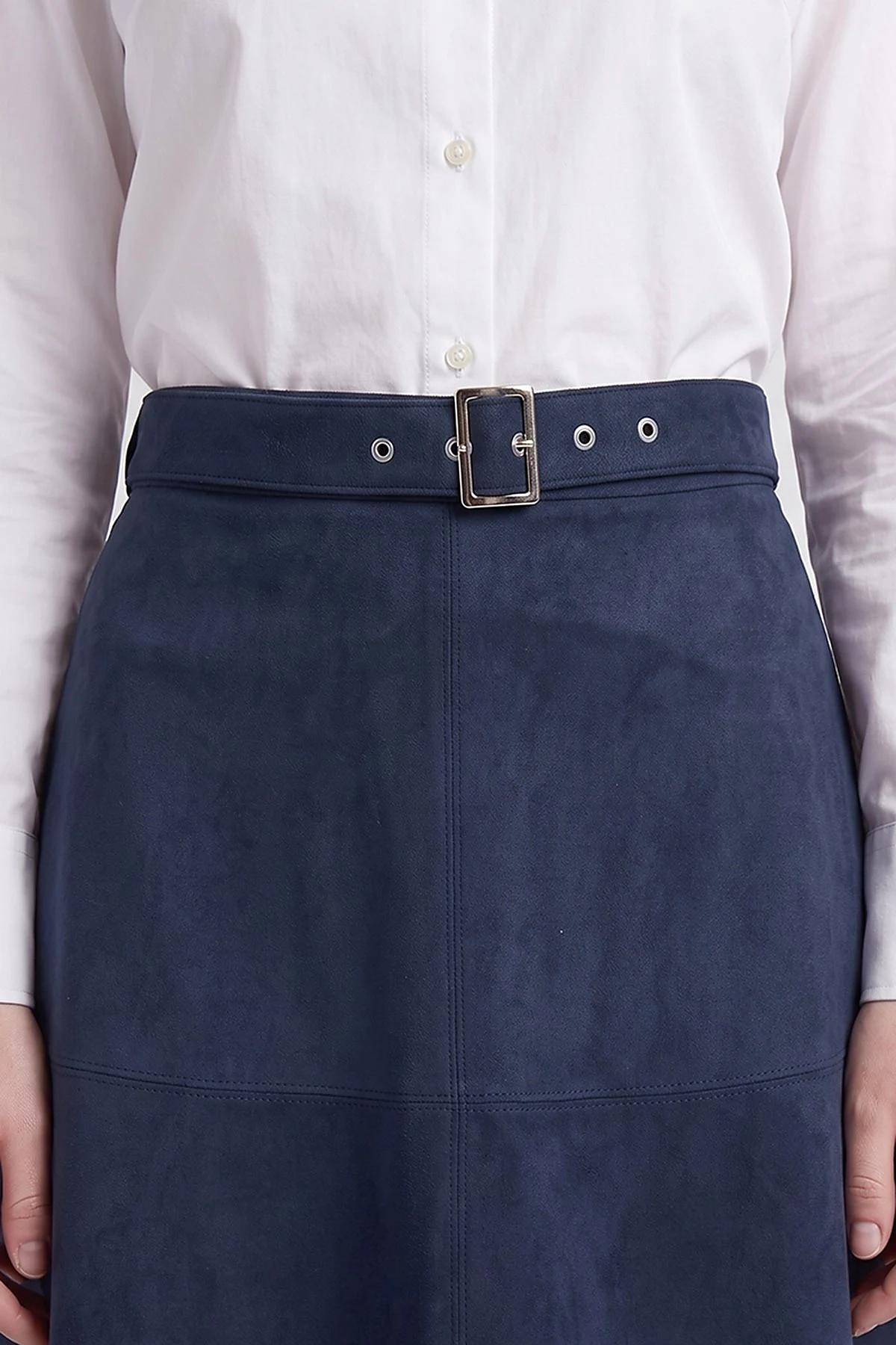 Panel-Seamed Suede Skirt Navy