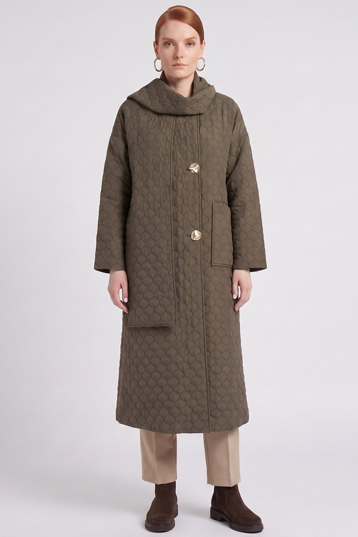 Quilted Pattern Slip-On with Scarf Dark Khaki