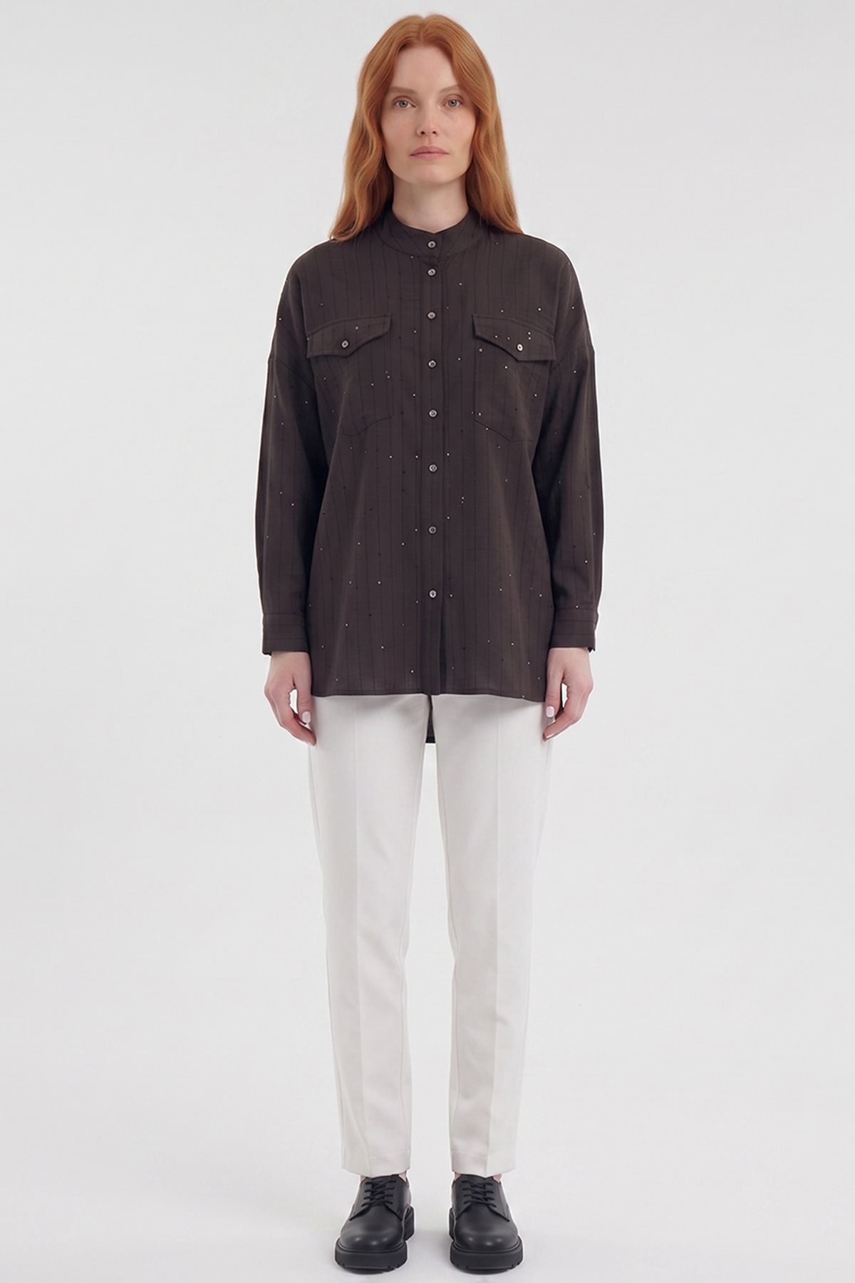 Double-Pocket Mandarin Collar Blouse Brown