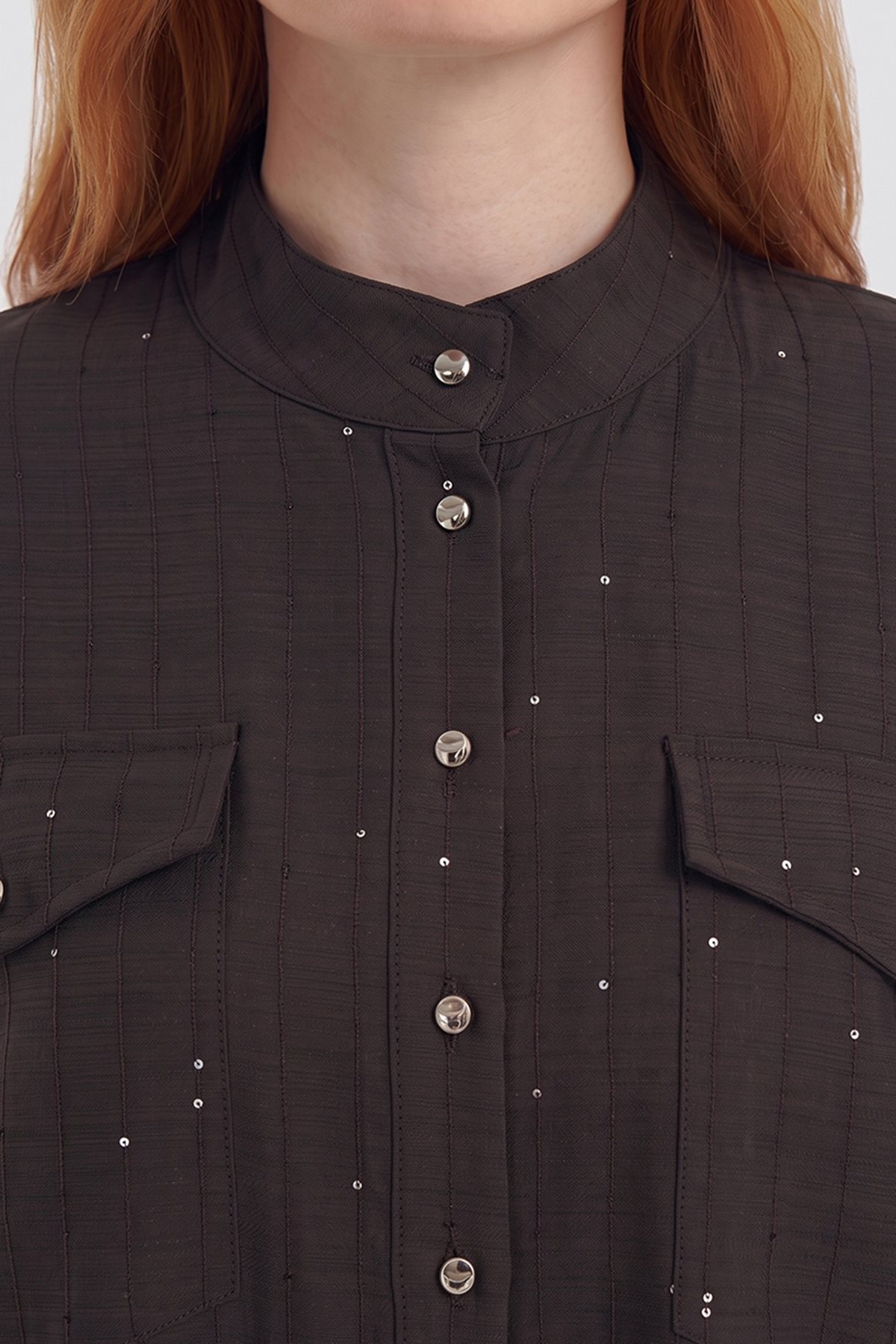 Double-Pocket Mandarin Collar Blouse Brown