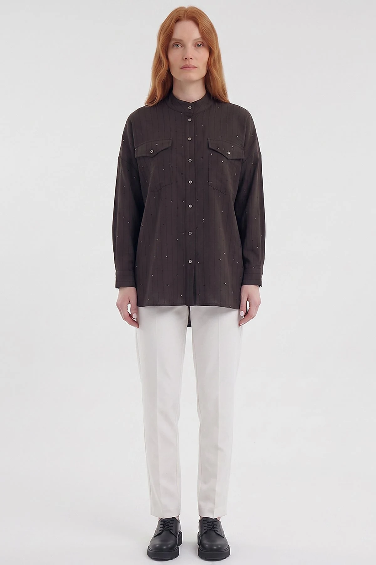 Double-Pocket Mandarin Collar Blouse Brown