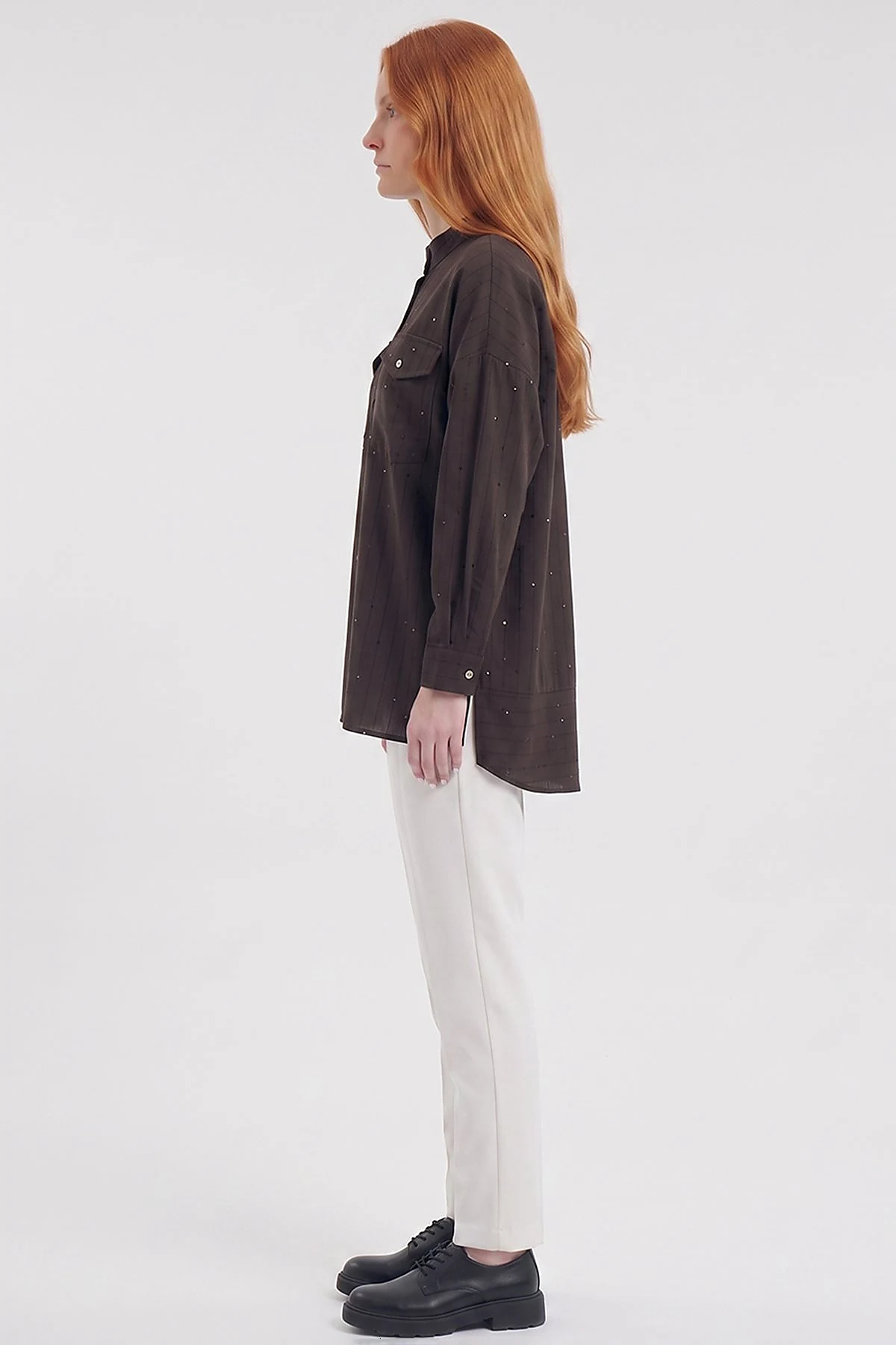 Double-Pocket Mandarin Collar Blouse Brown