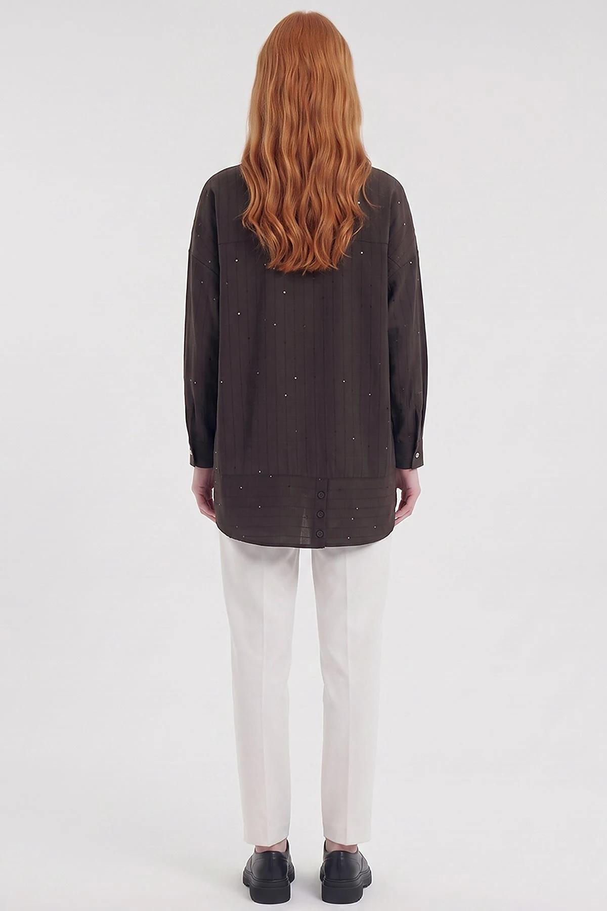 Double-Pocket Mandarin Collar Blouse Brown