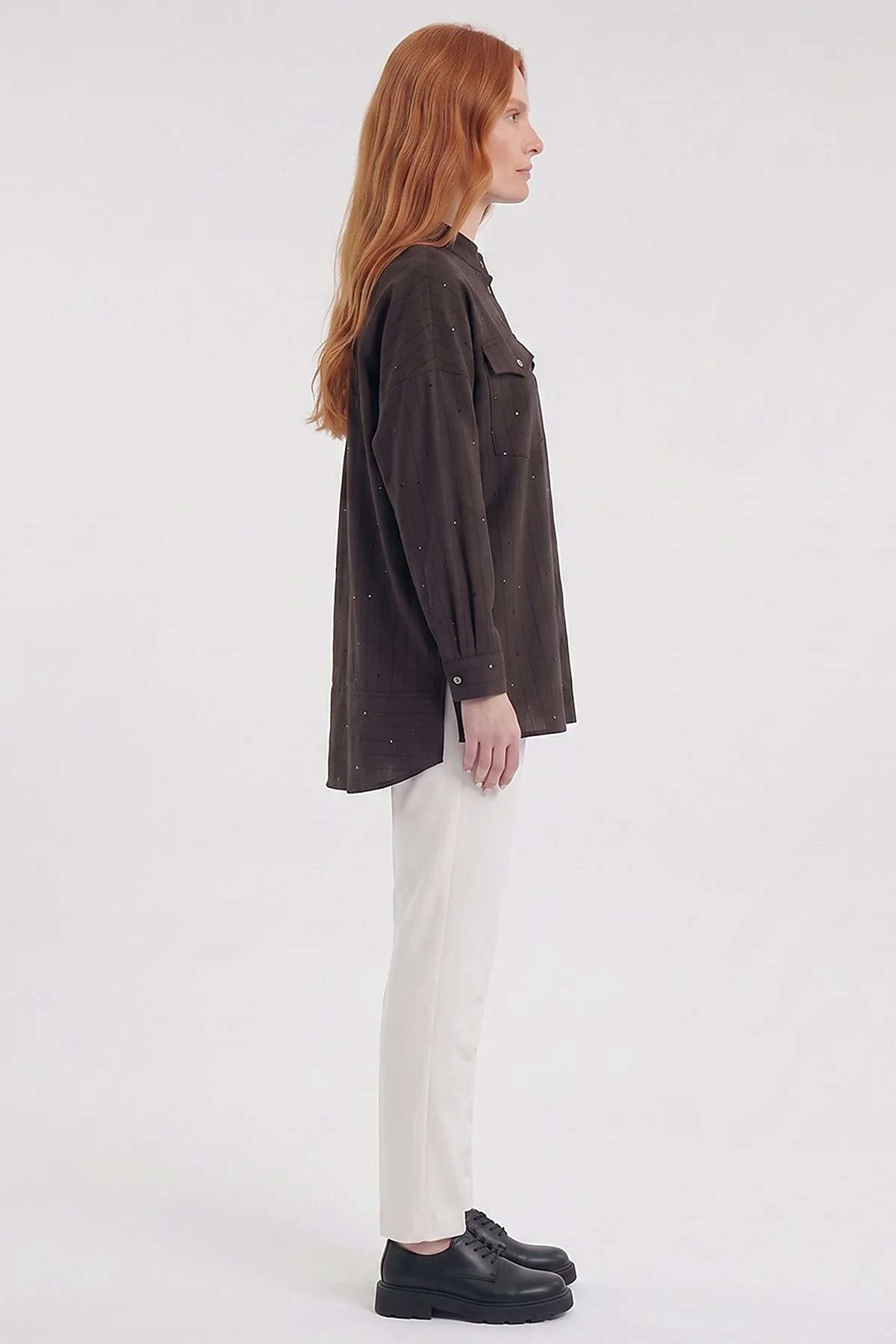 Double-Pocket Mandarin Collar Blouse Brown