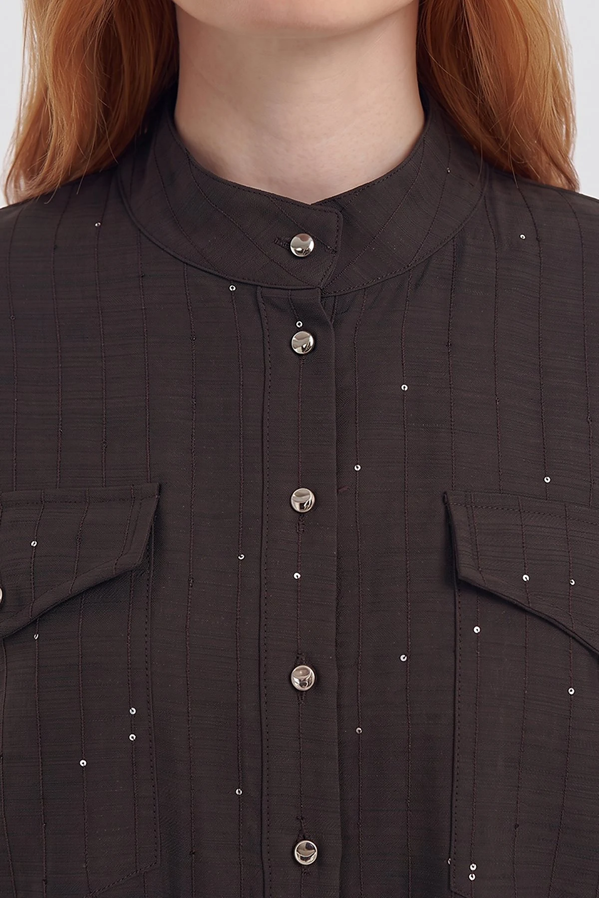 Double-Pocket Mandarin Collar Blouse Brown
