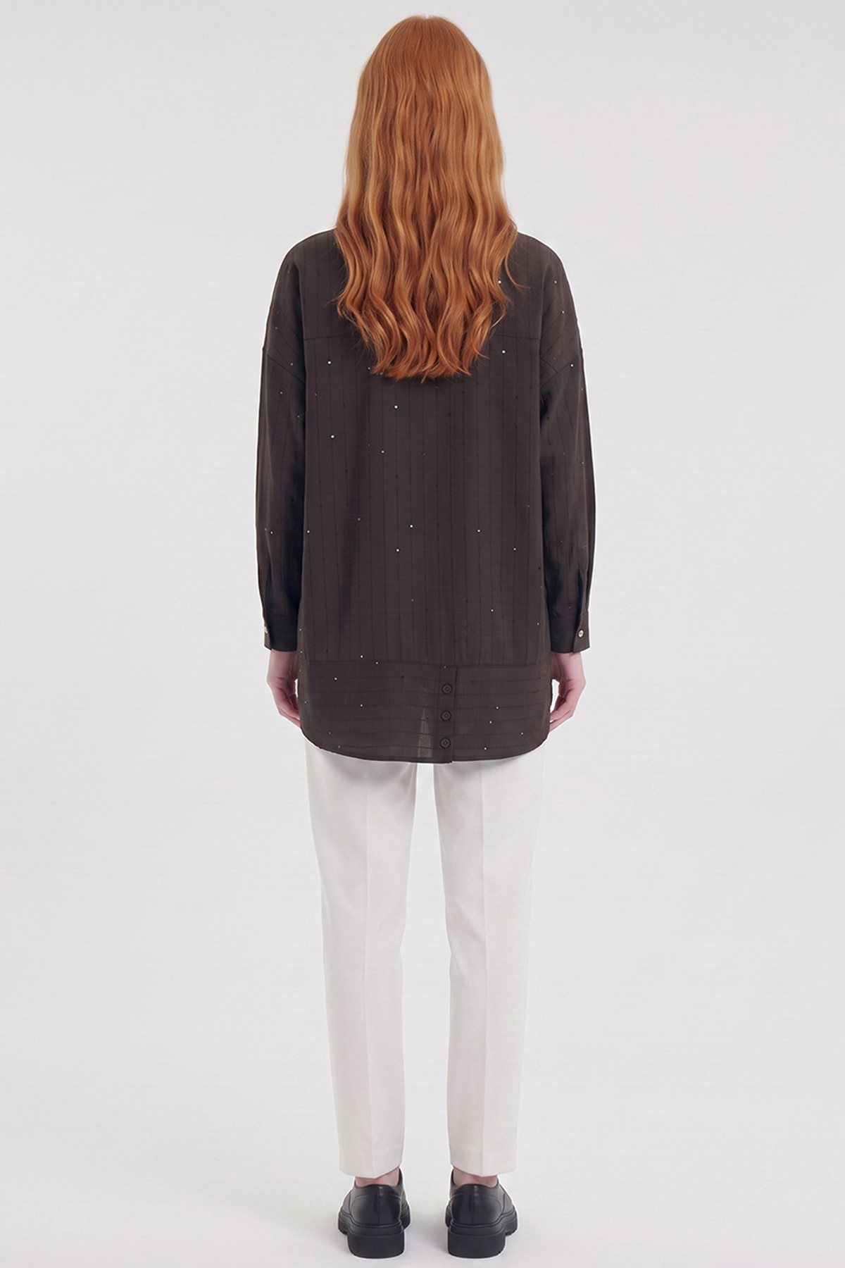 Double-Pocket Mandarin Collar Blouse Brown