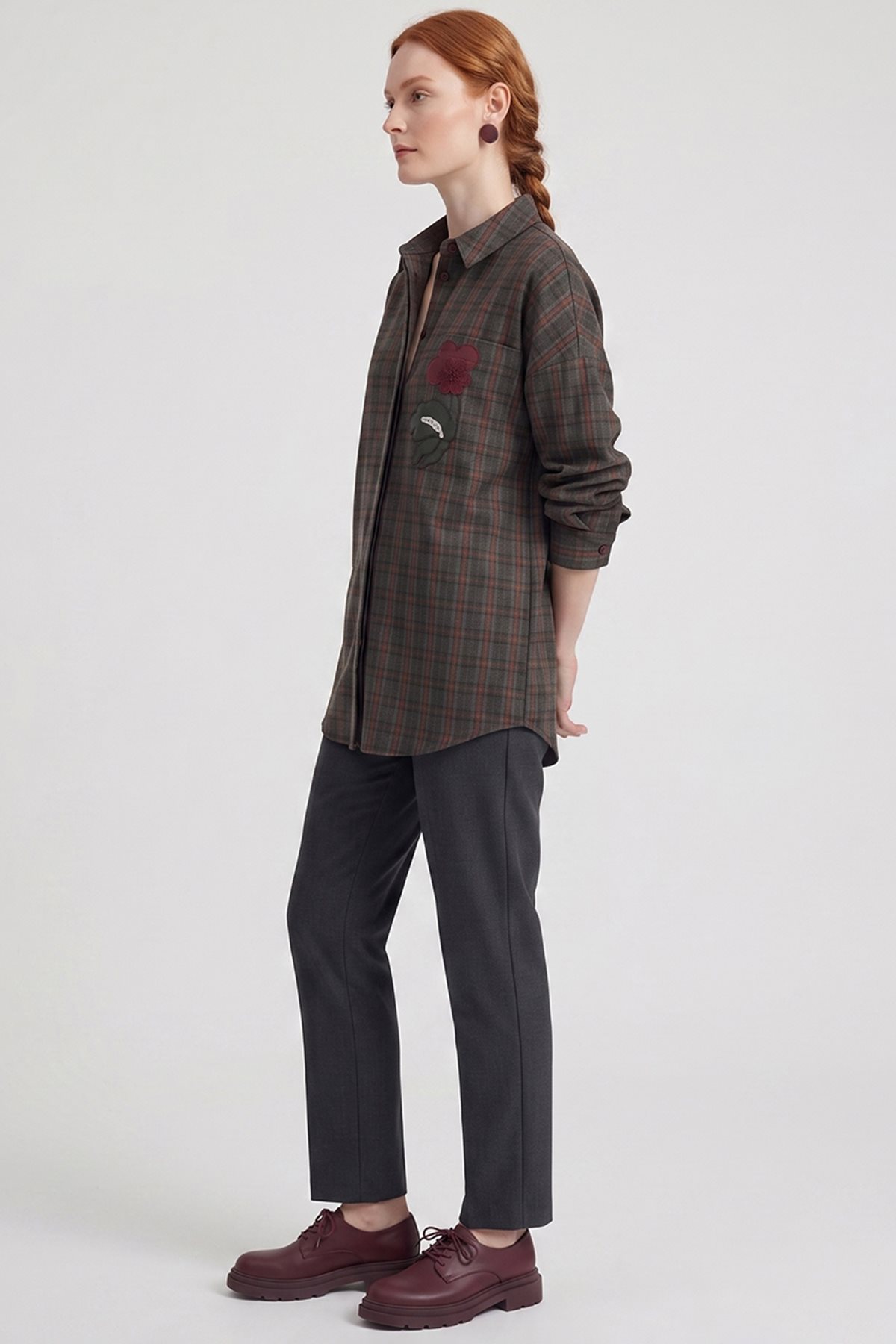 Plaid Pattern Embroidered Appliqué Tunic Khaki