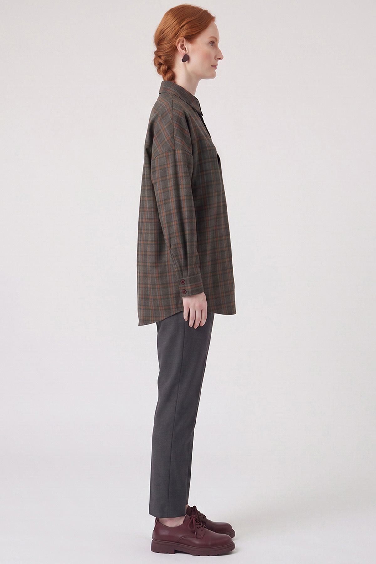 Plaid Pattern Embroidered Appliqué Tunic Khaki