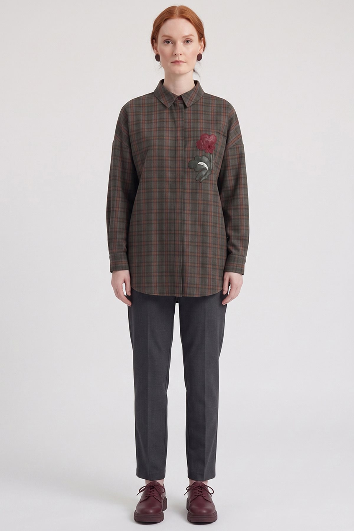 Plaid Pattern Embroidered Appliqué Tunic Khaki