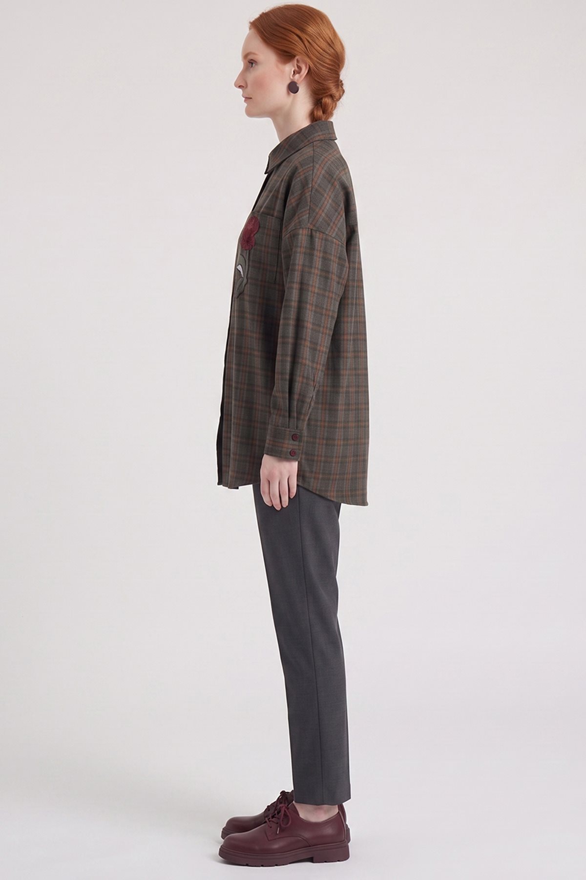 Plaid Pattern Embroidered Appliqué Tunic Khaki