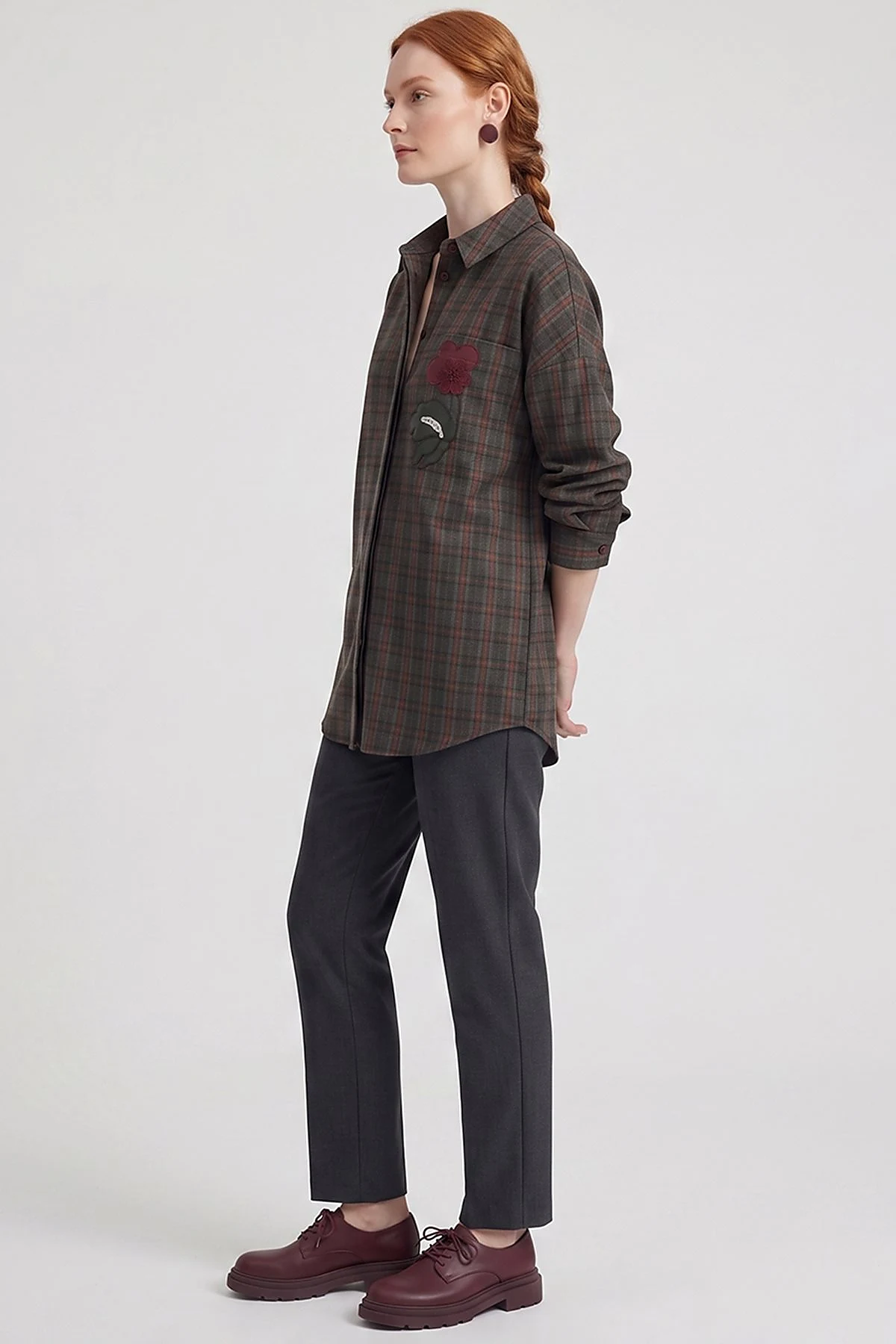 Plaid Pattern Embroidered Appliqué Tunic Khaki