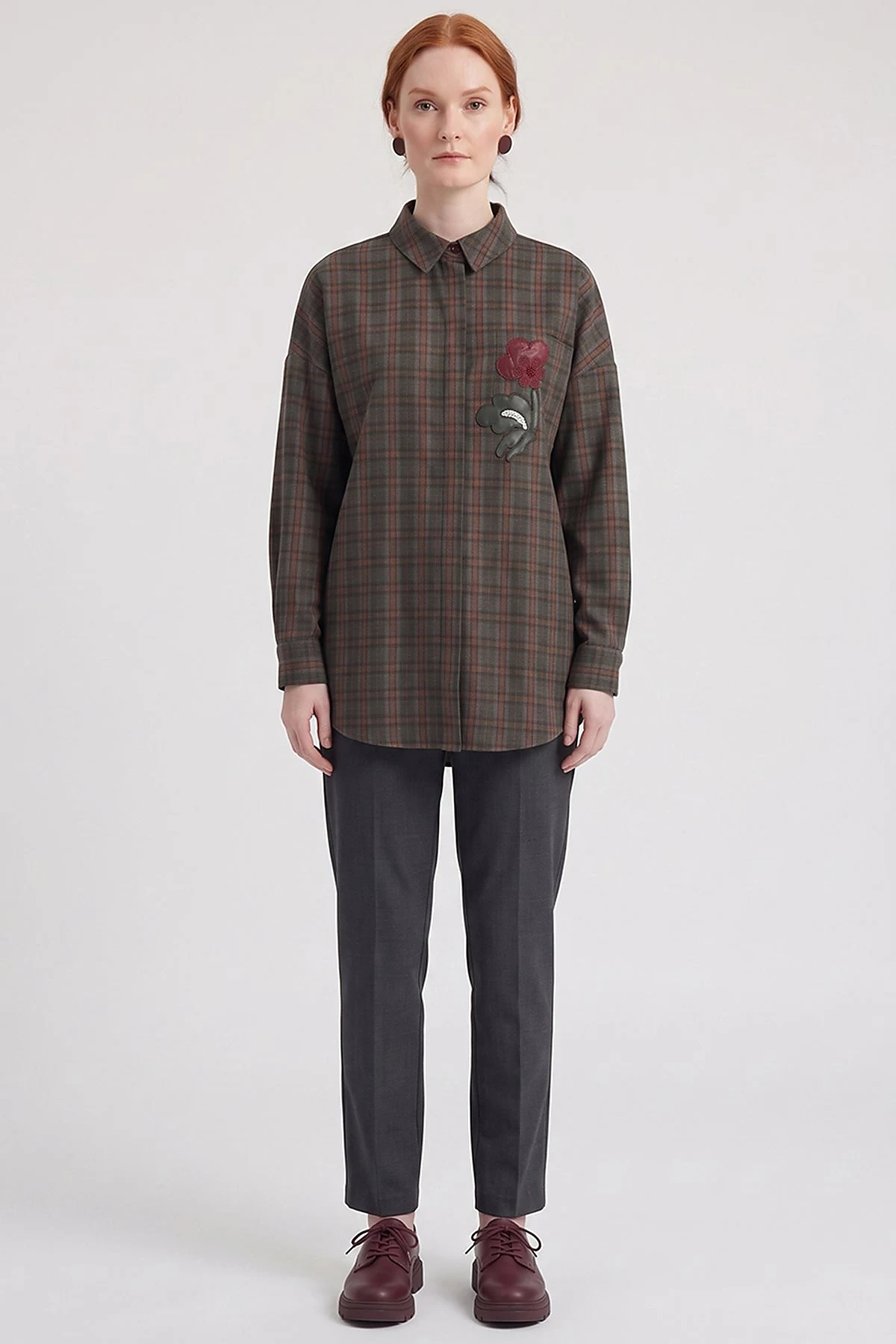Plaid Pattern Embroidered Appliqué Tunic Khaki