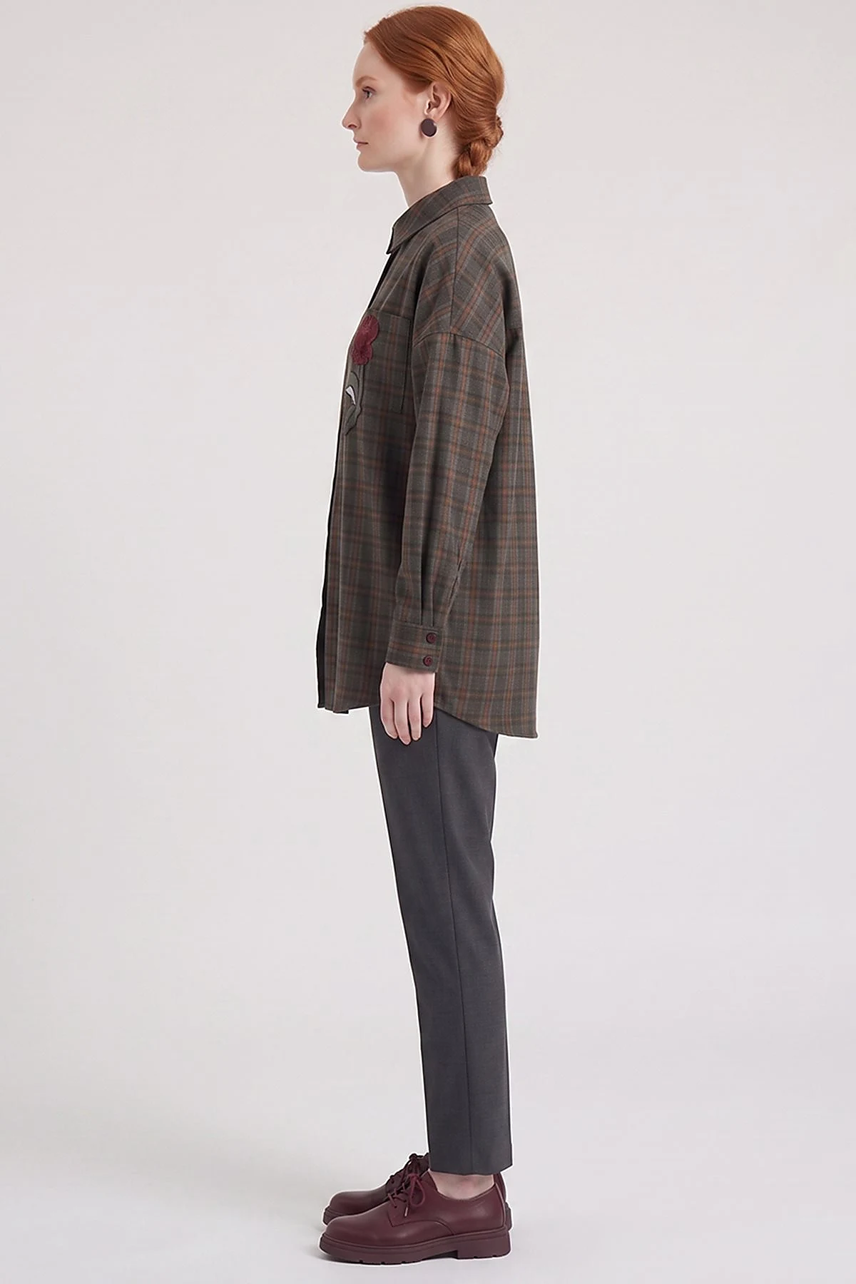 Plaid Pattern Embroidered Appliqué Tunic Khaki
