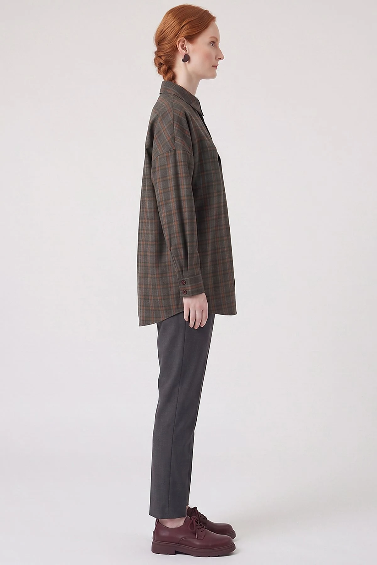 Plaid Pattern Embroidered Appliqué Tunic Khaki