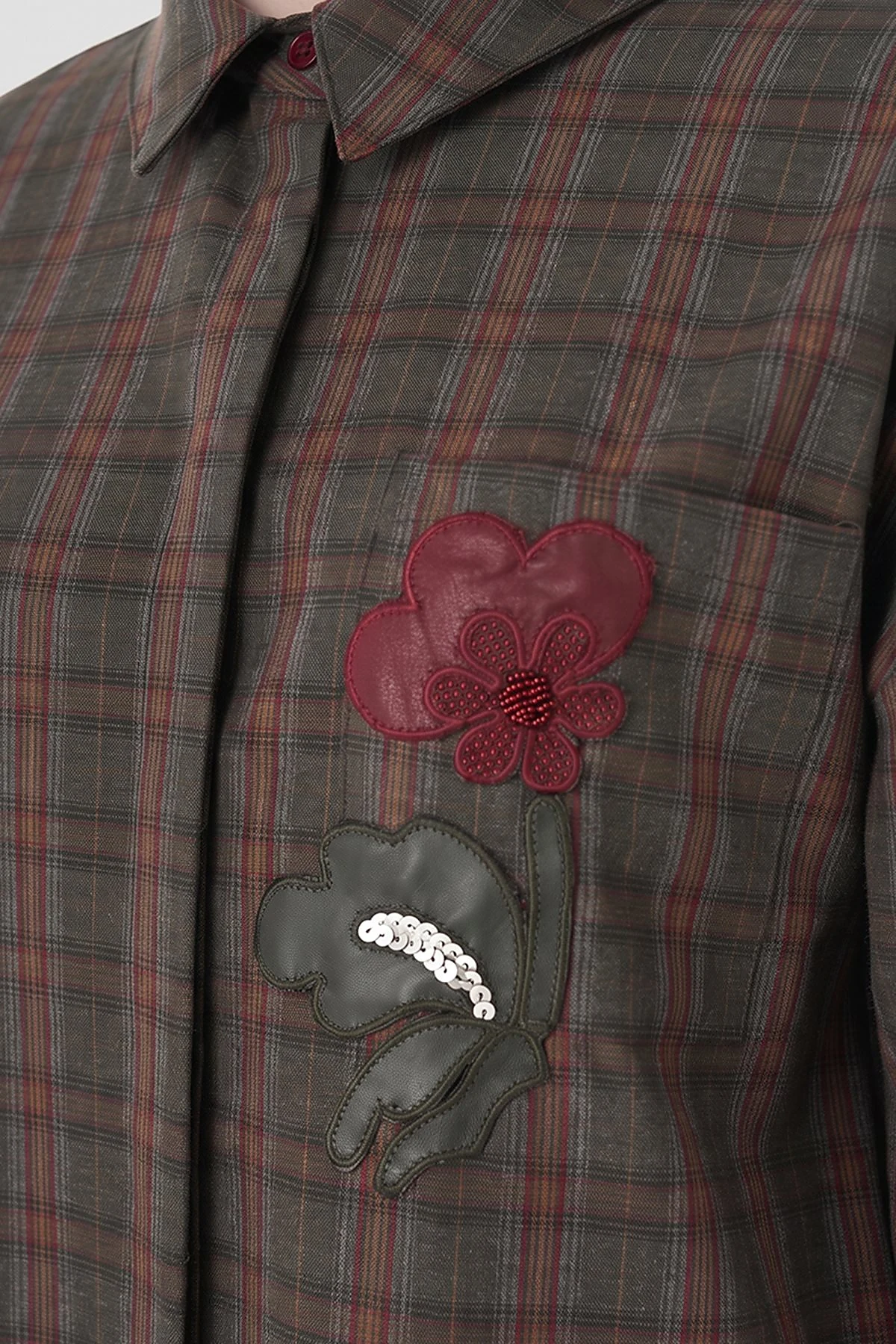 Plaid Pattern Embroidered Appliqué Tunic Khaki