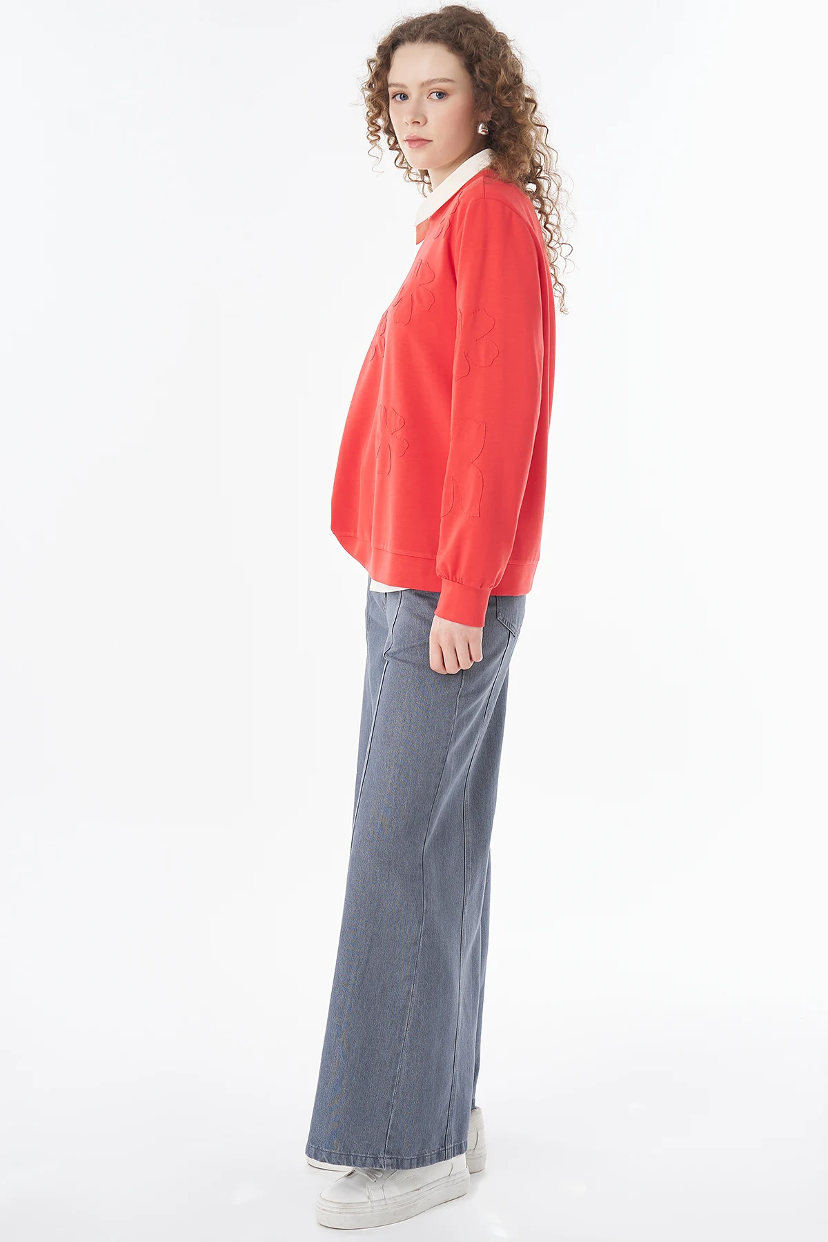 Embroidered Appliqué Modal Sweatshirt Red