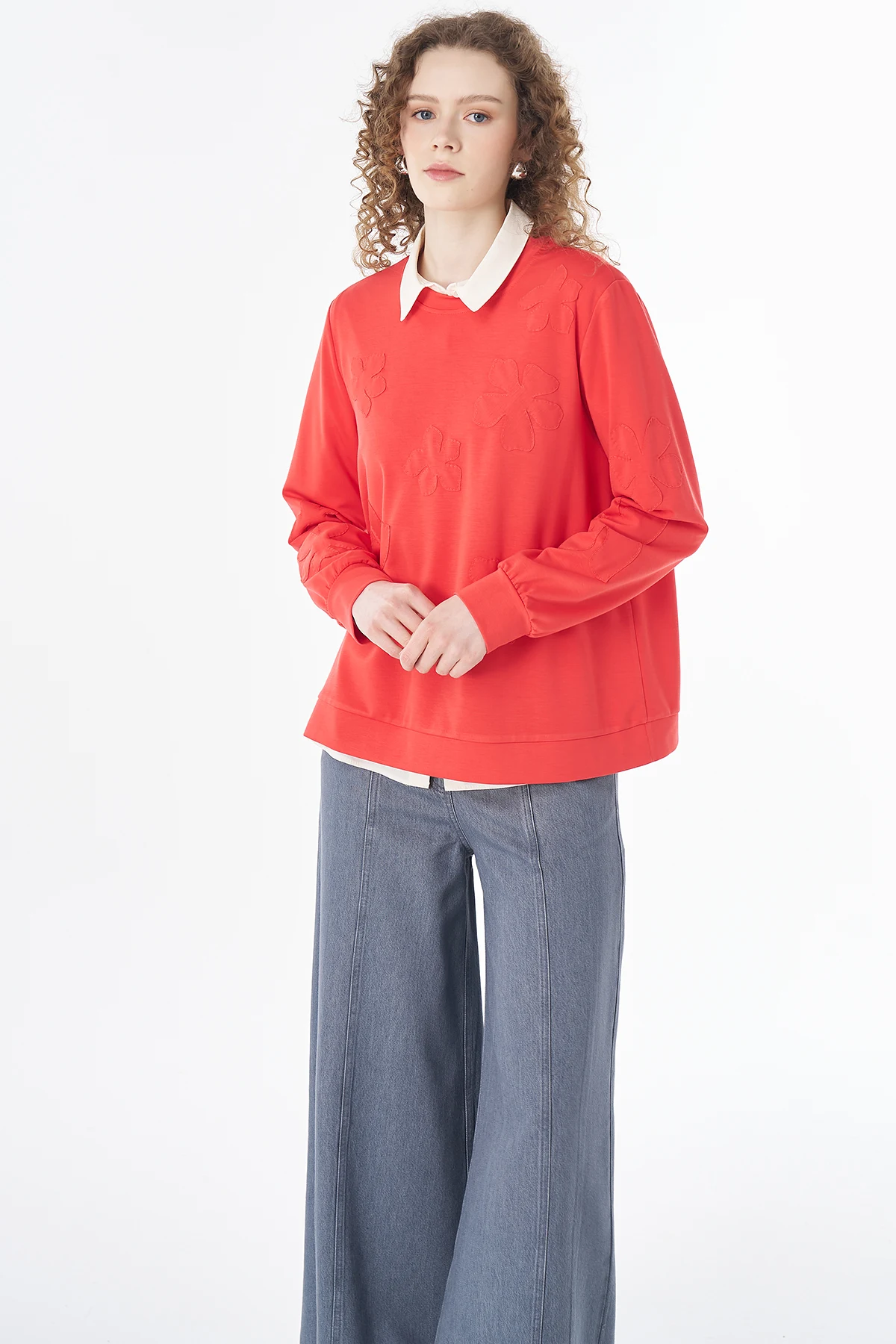 Embroidered Appliqué Modal Sweatshirt Red