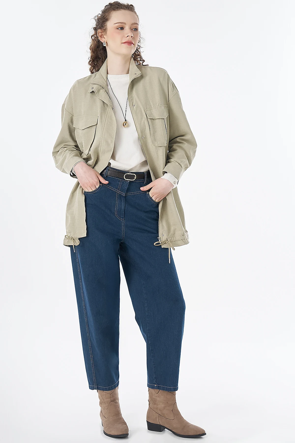 Double Pocket Stand Collar Jacket in Green