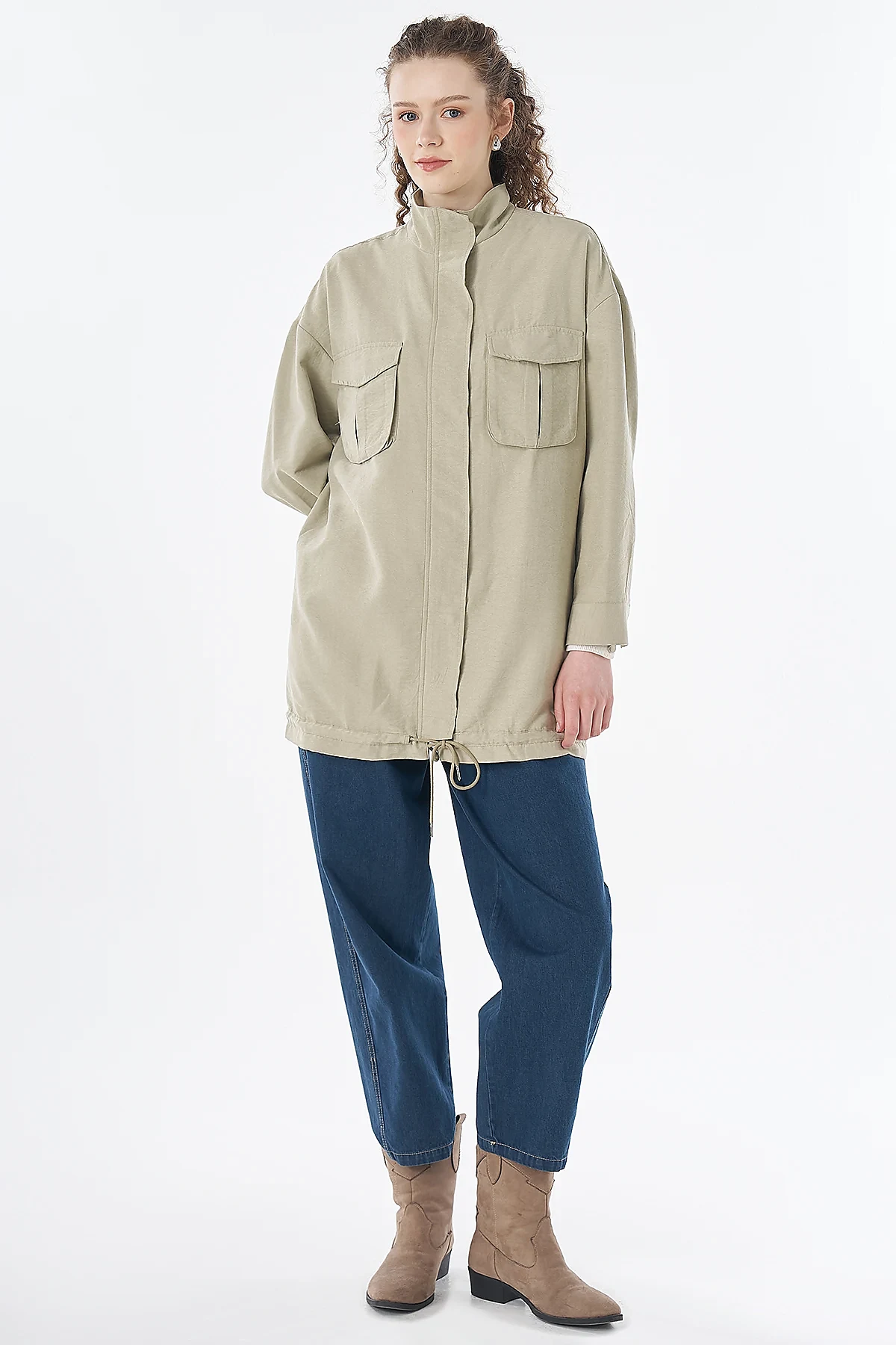 Double Pocket Stand Collar Jacket in Green