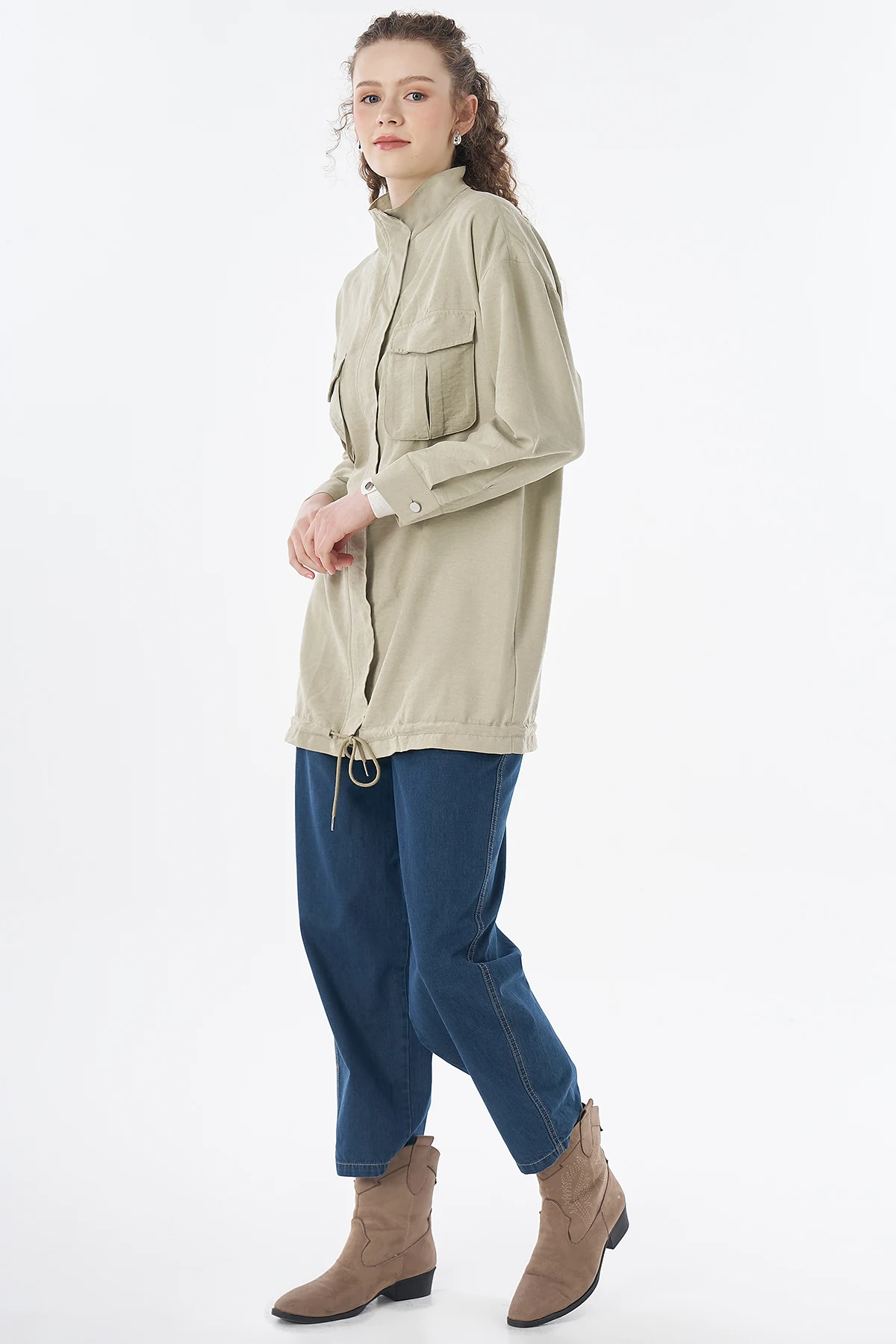 Double Pocket Stand Collar Jacket in Moss Green