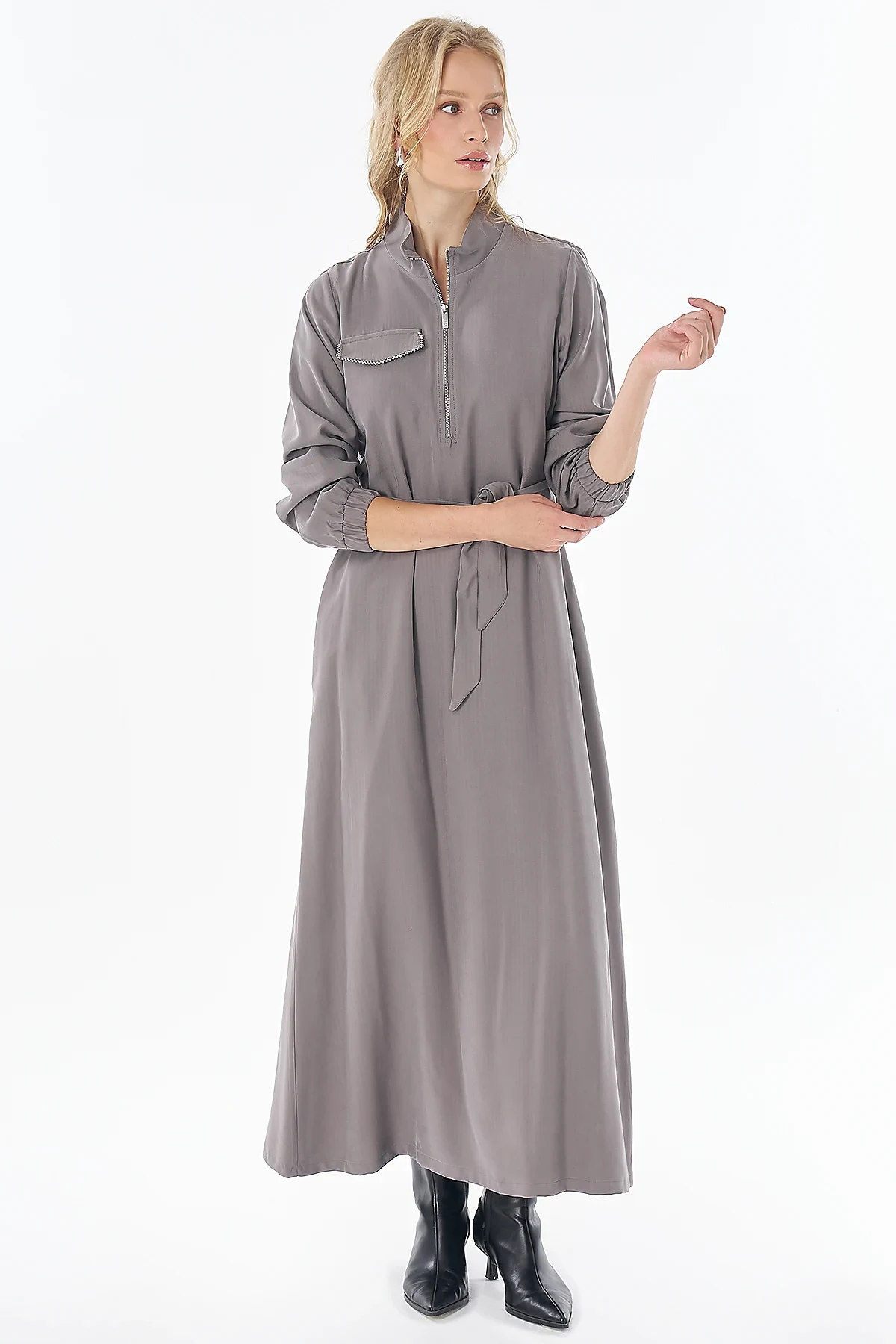 Rayon Dress with Flap Pockets Charcoal